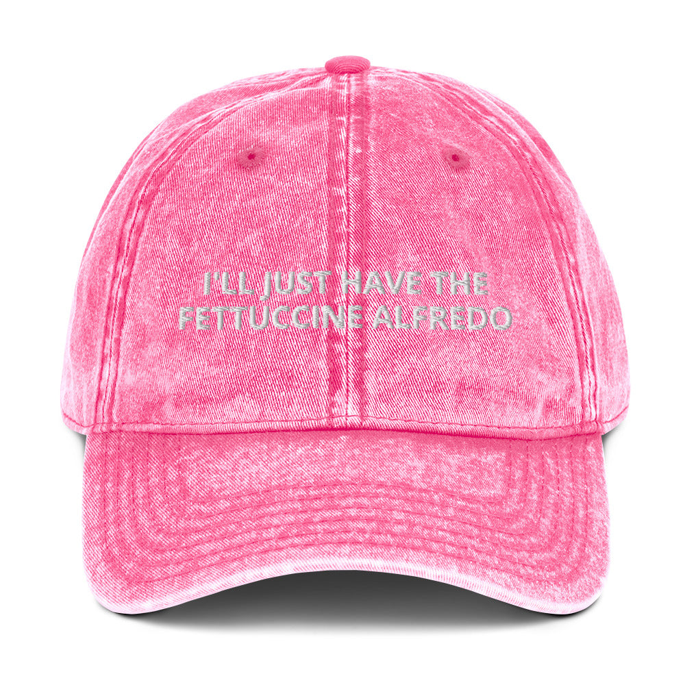 Pink I'll Just Have The Fettuccine Alfredo Hat - Love Fettuccine Alfredo? Looking for a funny gift for a pasta lover? Our Fettuccine Alfredo Hat is just what you need. It's comfortable, has an adjustable closure, and comes in a variety of colors with "I'll Just Have The Fettuccine Alfredo", expertly embroidered on the front. Eat your favorite fettuccine in style.