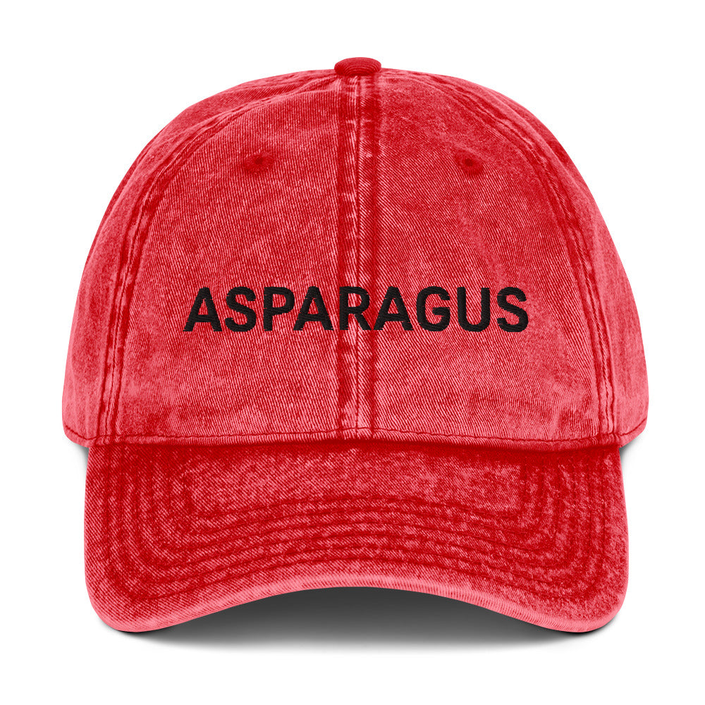 Red asparagus hat - If you love asparagus, this embroidered dad hat was designed just for you. Eat asparagus in style in this statement hat for veggie lovers. This asparagus hat is made of 100% cotton, with a faded vintage look. The perfect funny food hat for asparagus enthusiasts and gift for vegetable lovers and foodies of all kinds. 