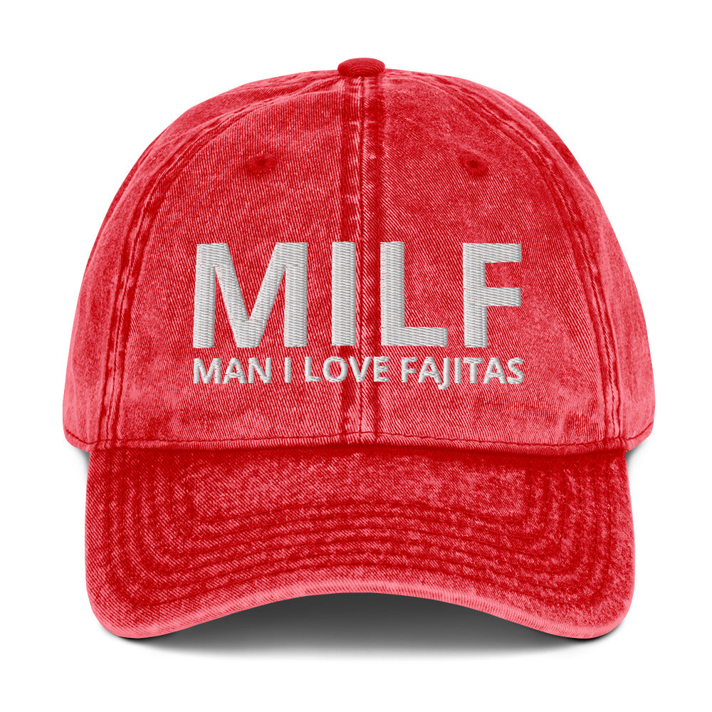 Red MILF man I love fajitas dad hat from Nina's Funky Shop by ninanush- MILF: MAN I LOVE FAJITAS This funny MILF dad hat is comfortable, unique and makes the perfect hat for foodies and fajita enthusiasts. Stand out and add a little personality to your style in this funny dad hat for fajita lovers. It's a comfortable, weird and cringy hat made of 100% cotton and is made just for you.