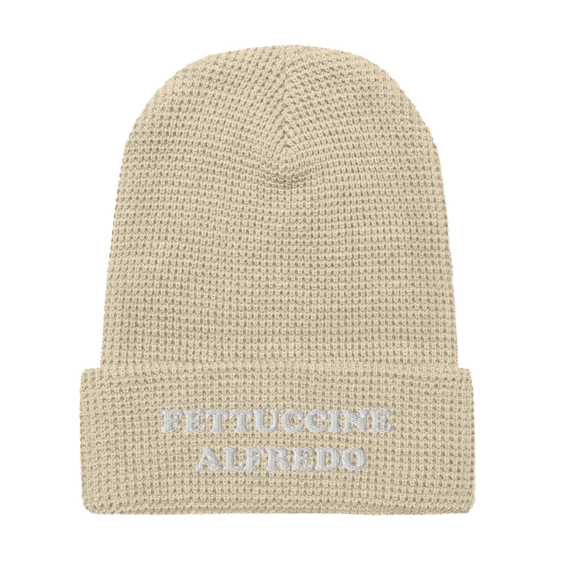 White Fettuccine Alfredo Beanie from Nina's Funky Shop by ninanush - Love Fettuccine Alfredo? Looking for a gift for your favorite pasta enthusiast? Introducing our warm and comfortable, Fettuccine Alfredo Beanie. It comes in a variety of colors with "Fettuccine Alfredo", expertly embroidered on the front. The perfect funny hat for pasta lovers, fettuccine Alfredo enthusiasts and foodies of all kinds.