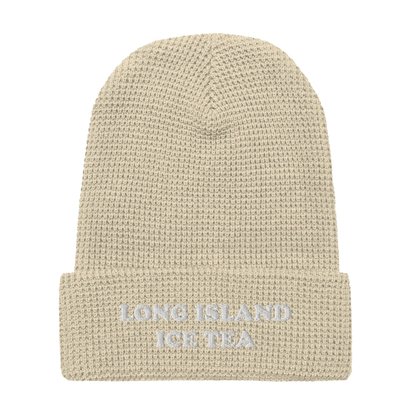 White Embroidered Waffle Beanie with Long Island Ice Tea - Big fan of Long Island ice tea? This warm and comfortable Long Island Ice Tea Beanie is just for you. It's a waffle beanie with a unique honeycomb-like weave. It comes in a variety of colors with "Long Island Ice Tea" on the front. The perfect funky hat for Long Island Ice Tea enthusiasts and cocktail lovers of all kinds.