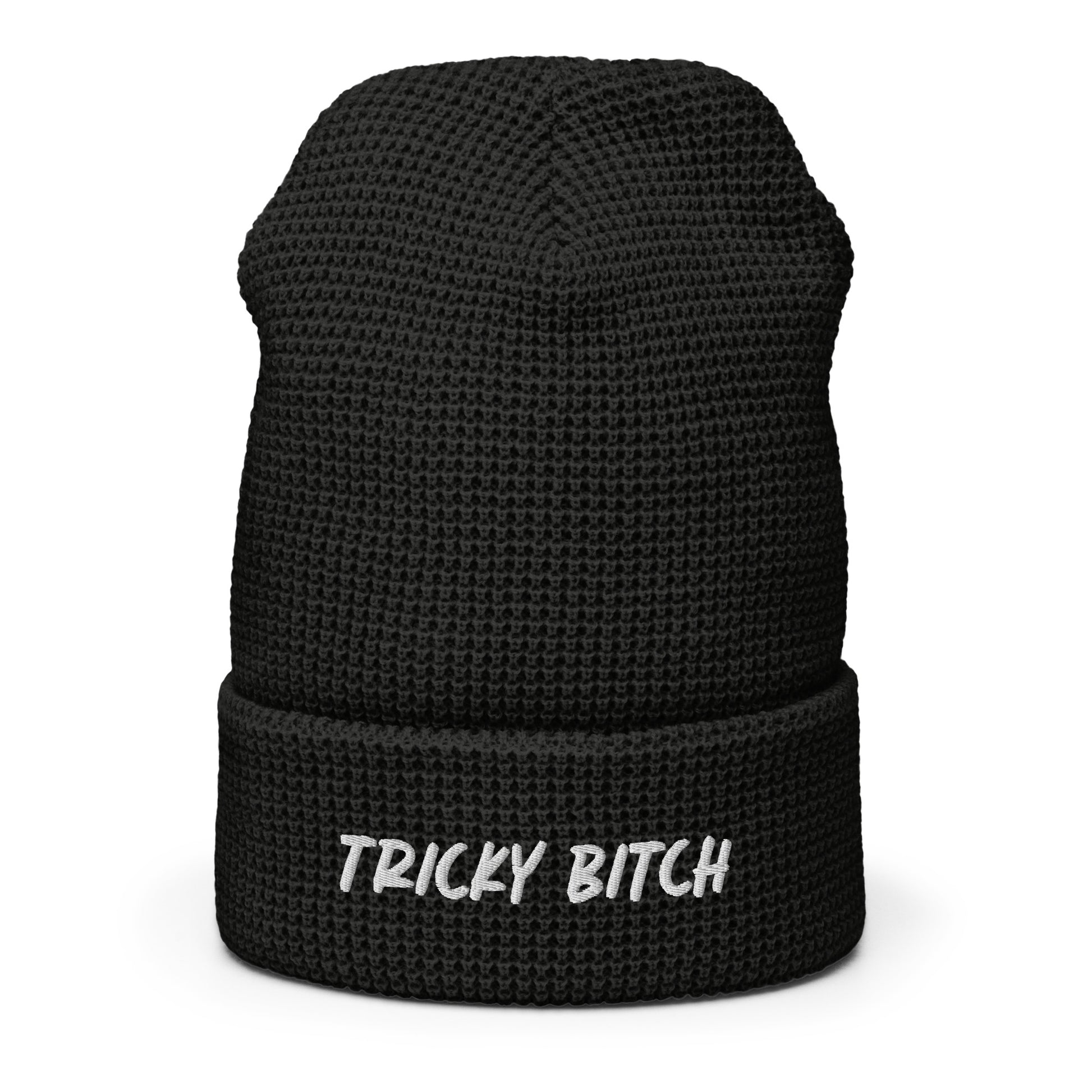 Black - Our Tricky Bitch Beanie is warm, comfortable and made just for you. It's a snug, formfitting waffle beanie with a unique honeycomb-like weave and an adjustable cuff. It comes in a variety of colors with "tricky bitch", expertly embroidered on the front. 