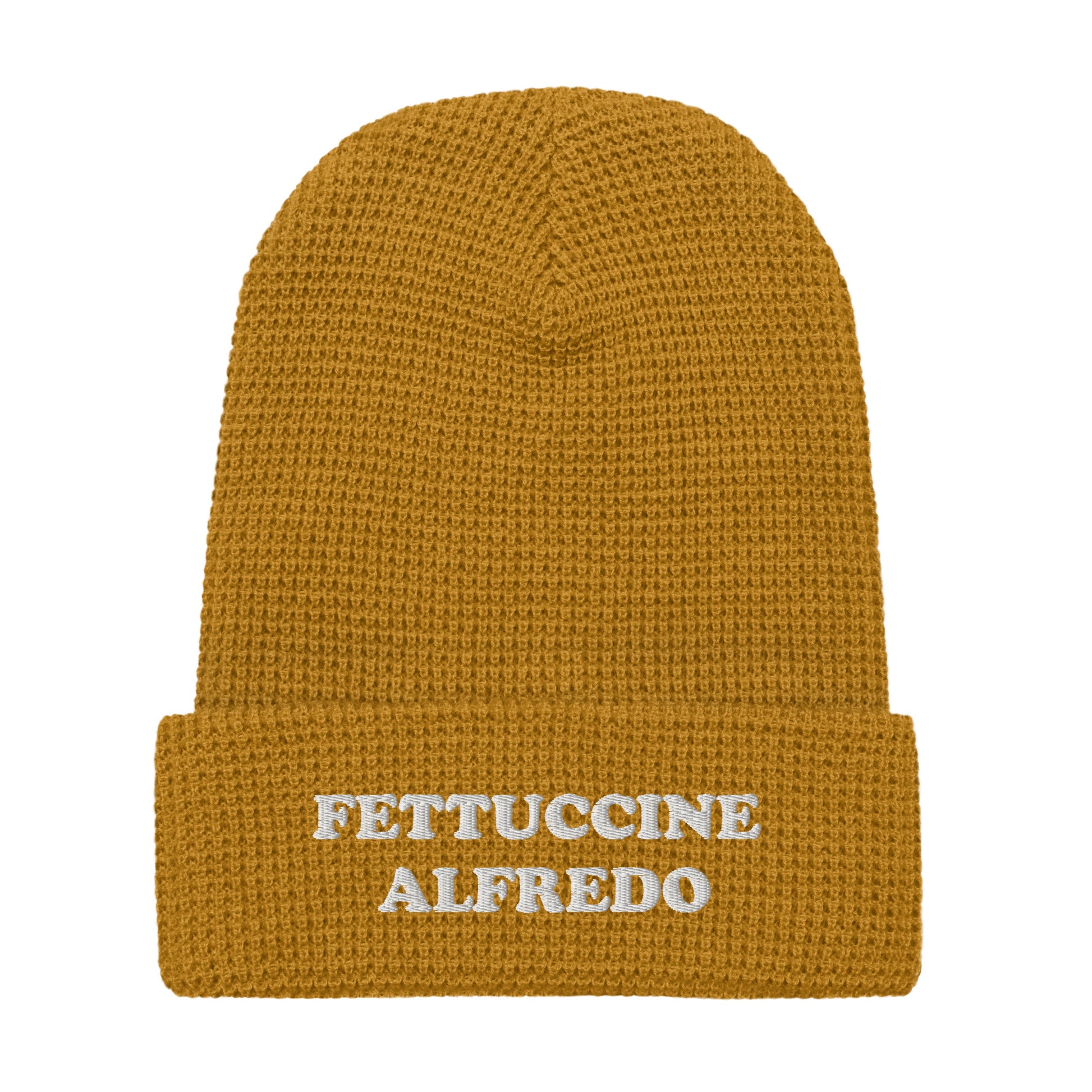 Yellow Fettuccine Alfredo Beanie from Nina's Funky Shop by ninanush - Love Fettuccine Alfredo? Looking for a gift for your favorite pasta enthusiast? Introducing our warm and comfortable, Fettuccine Alfredo Beanie. It comes in a variety of colors with "Fettuccine Alfredo", expertly embroidered on the front. The perfect funny hat for pasta lovers, fettuccine Alfredo enthusiasts and foodies of all kinds.