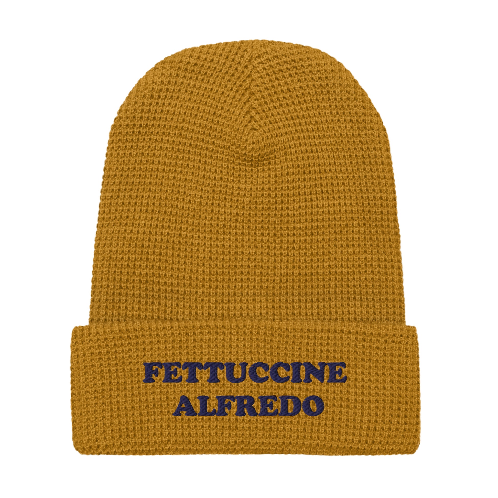 Yellow and Navy Embroidered Fettuccine Alfredo Beanie from Nina's Funky Shop by ninanush - Love Fettuccine Alfredo? Looking for a gift for your favorite pasta enthusiast? Introducing our warm and comfortable, Fettuccine Alfredo Beanie. It comes in a variety of colors with "Fettuccine Alfredo", expertly embroidered on the front. The perfect funny hat for pasta lovers, fettuccine Alfredo enthusiasts.