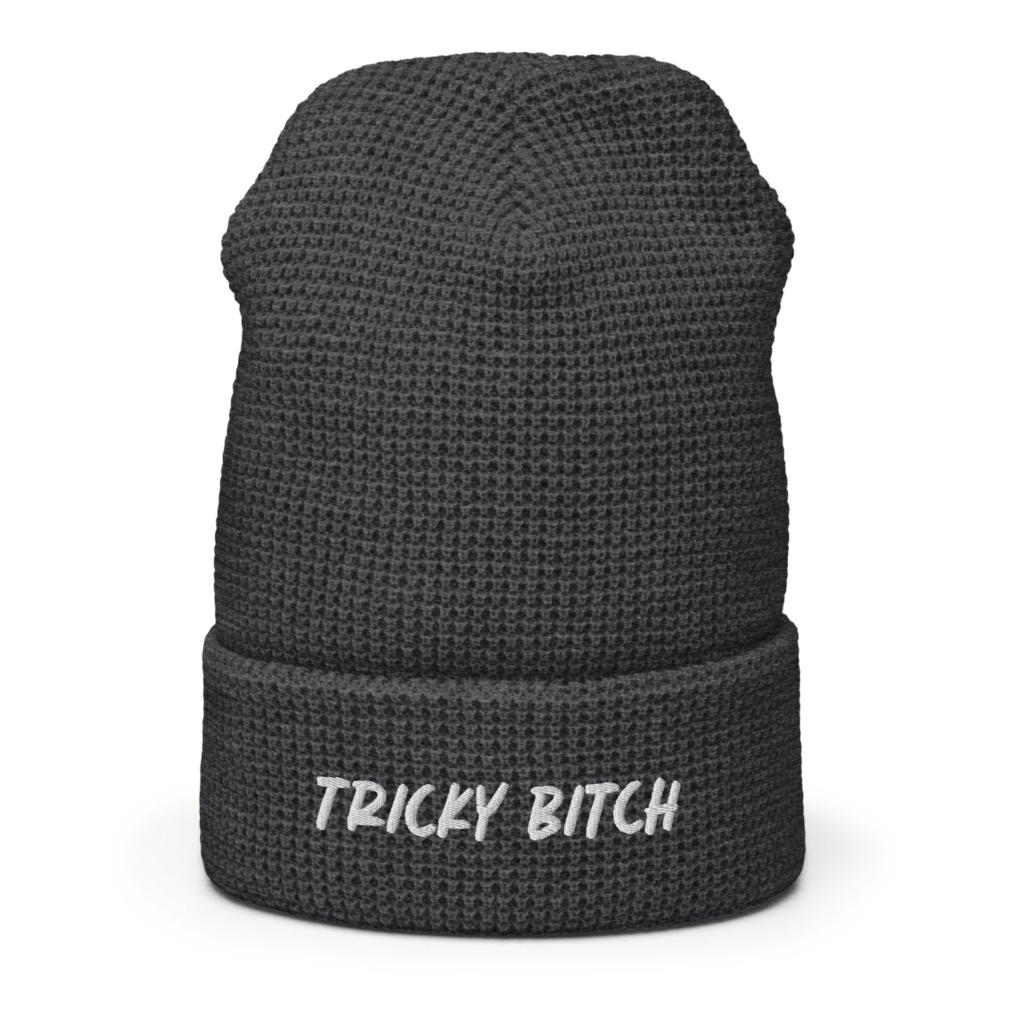 Dark Gray Funny Beanie - Our Tricky Bitch Beanie is warm, comfortable and made just for you. It's a snug, formfitting waffle beanie with a unique honeycomb-like weave and an adjustable cuff. It comes in a variety of colors with "tricky bitch", expertly embroidered on the front. 
