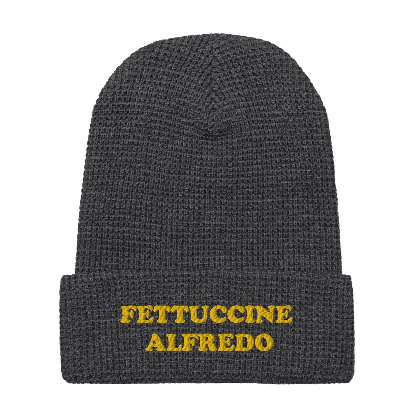 Dark Gray Fettuccine Alfredo Beanie from Nina's Funky Shop by ninanush - Love Fettuccine Alfredo? Looking for a gift for your favorite pasta enthusiast? Introducing our warm and comfortable, Fettuccine Alfredo Beanie. It comes in a variety of colors with "Fettuccine Alfredo", expertly embroidered on the front. The perfect funny hat for pasta lovers, fettuccine Alfredo enthusiasts.