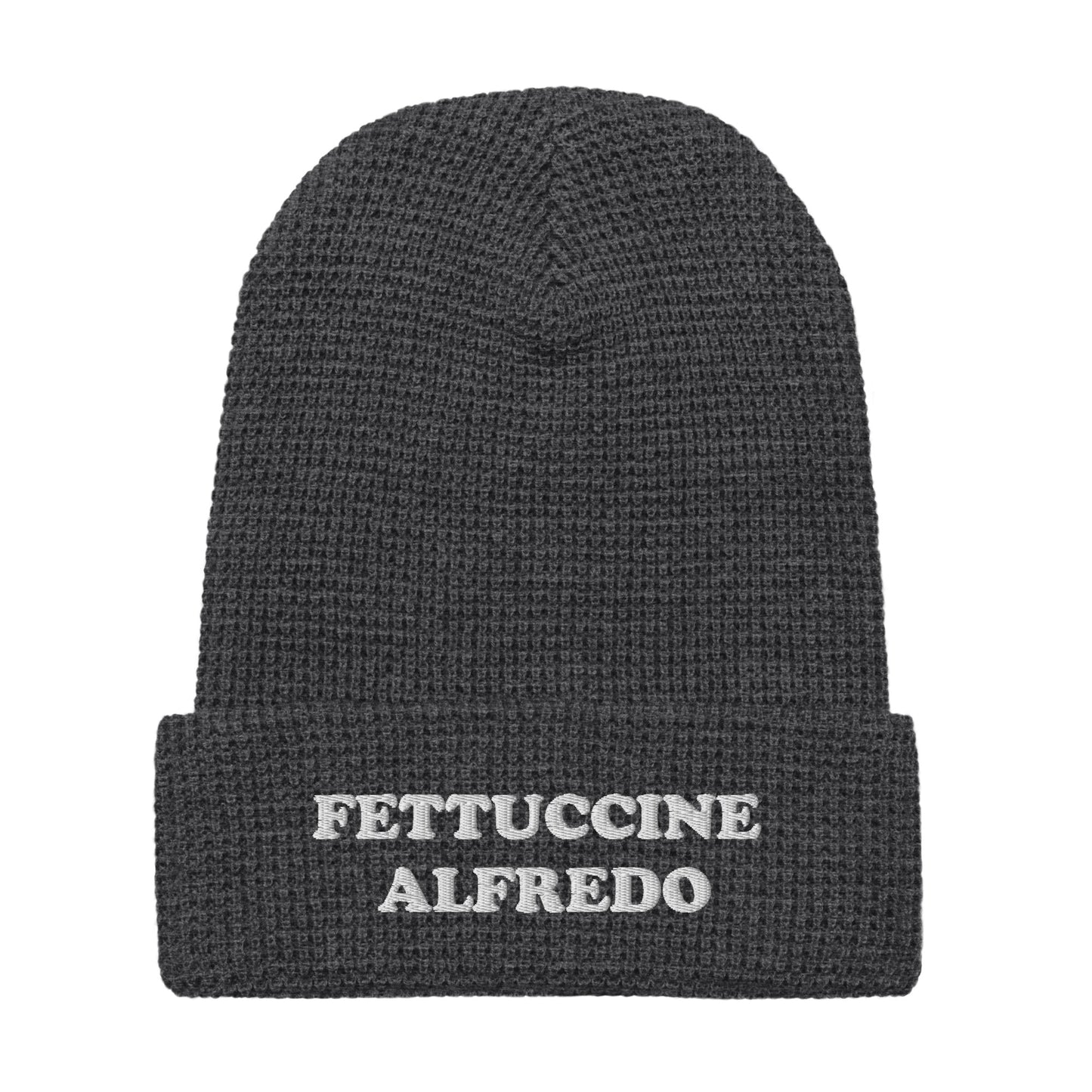 Dark Gray Fettuccine Alfredo Beanie from Nina's Funky Shop by ninanush - Love Fettuccine Alfredo? Looking for a gift for your favorite pasta enthusiast? Introducing our warm and comfortable, Fettuccine Alfredo Beanie. It comes in a variety of colors with "Fettuccine Alfredo", expertly embroidered on the front. The perfect funny hat for pasta lovers, fettuccine Alfredo enthusiasts and foodies of all kinds.