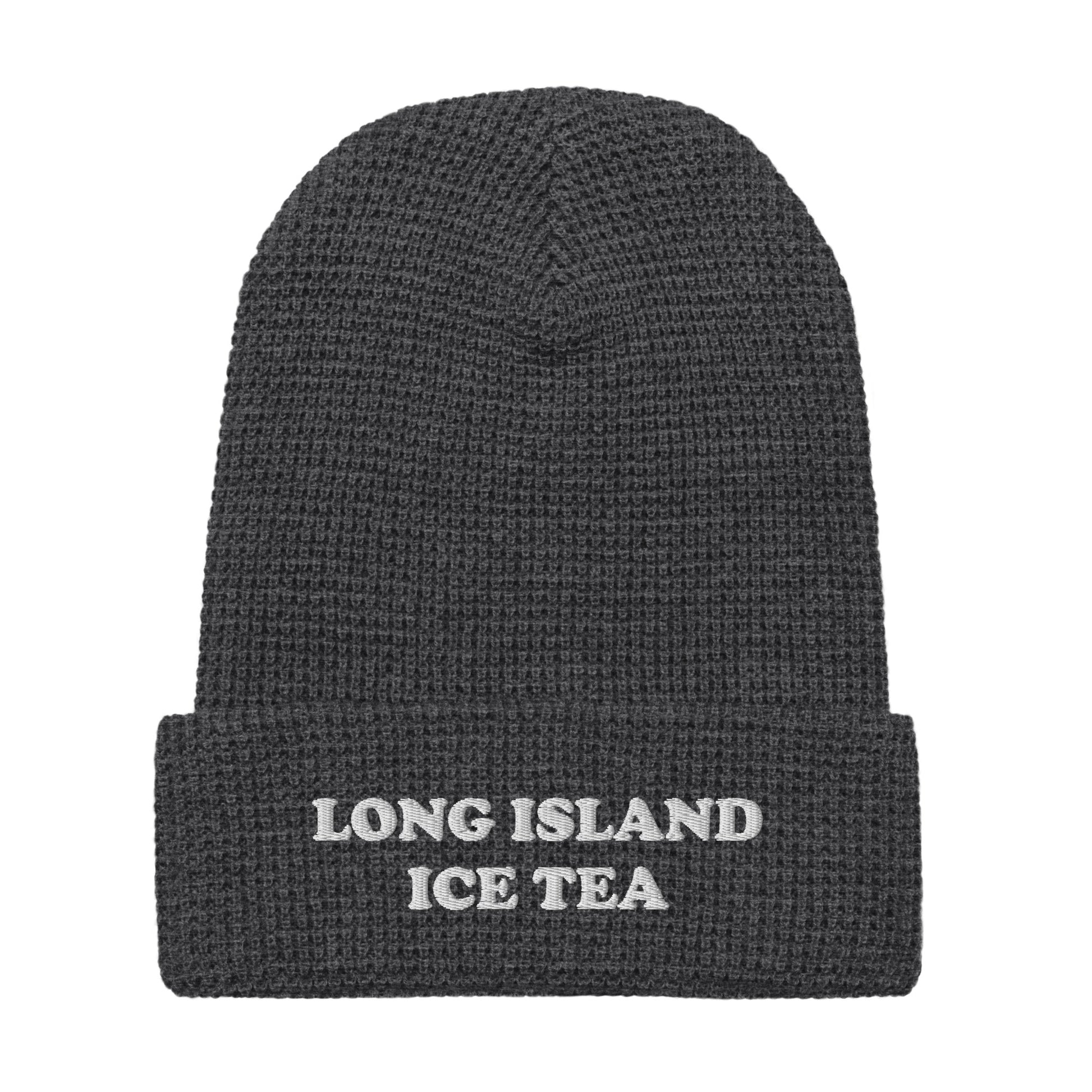 Dark Gray Embroidered Waffle Beanie with Long Island Ice Tea - Big fan of Long Island ice tea? This warm and comfortable Long Island Ice Tea Beanie is just for you. It's a waffle beanie with a unique honeycomb-like weave. It comes in a variety of colors with "Long Island Ice Tea" on the front. The perfect funky hat for Long Island Ice Tea enthusiasts and cocktail lovers of all kinds.