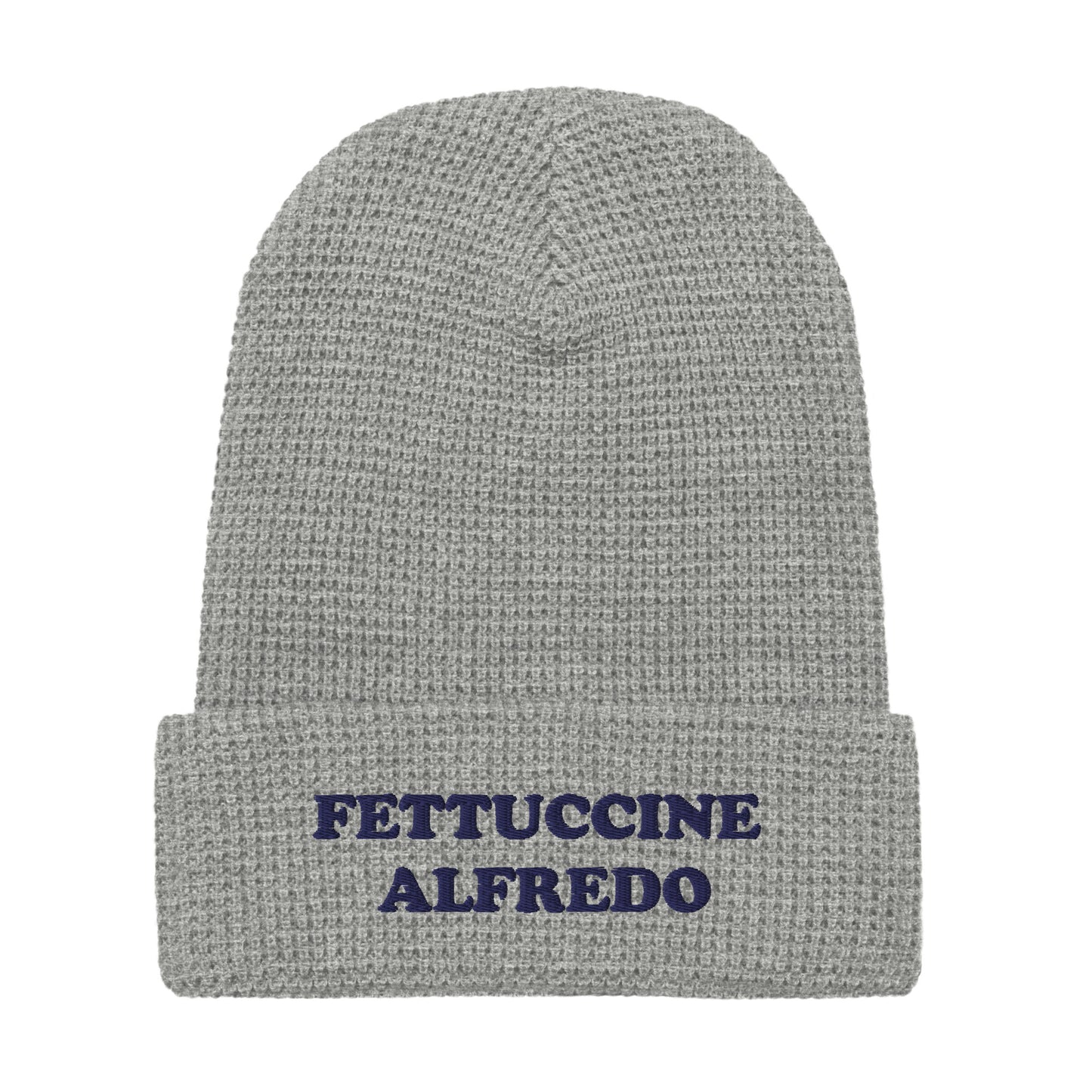 Gray and Navy Embroidered Fettuccine Alfredo Beanie from Nina's Funky Shop by ninanush - Love Fettuccine Alfredo? Looking for a gift for your favorite pasta enthusiast? Introducing our warm and comfortable, Fettuccine Alfredo Beanie. It comes in a variety of colors with "Fettuccine Alfredo", expertly embroidered on the front. The perfect funny hat for pasta lovers, fettuccine Alfredo enthusiasts.