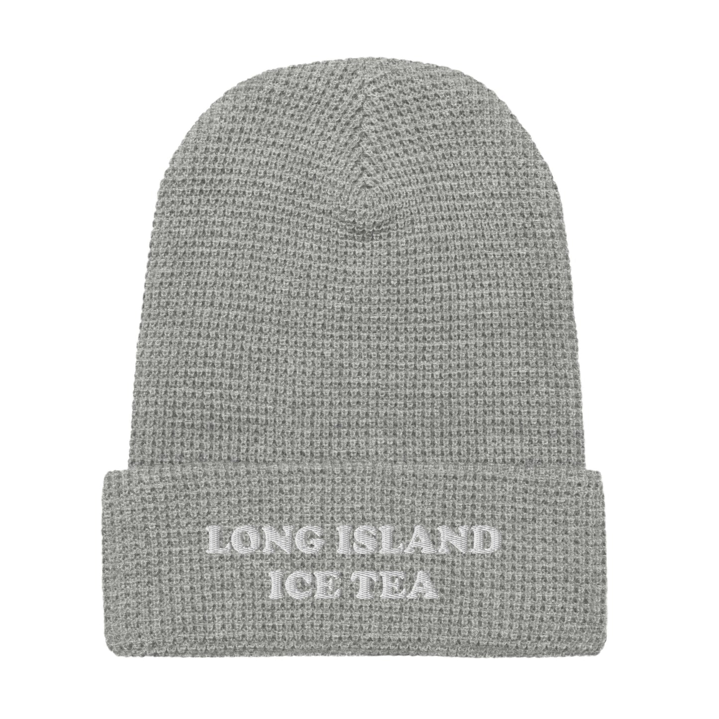 Gray Embroidered Waffle Beanie with Long Island Ice Tea - Big fan of Long Island ice tea? This warm and comfortable Long Island Ice Tea Beanie is just for you. It's a waffle beanie with a unique honeycomb-like weave. It comes in a variety of colors with "Long Island Ice Tea" on the front. The perfect funky hat for Long Island Ice Tea enthusiasts and cocktail lovers of all kinds.