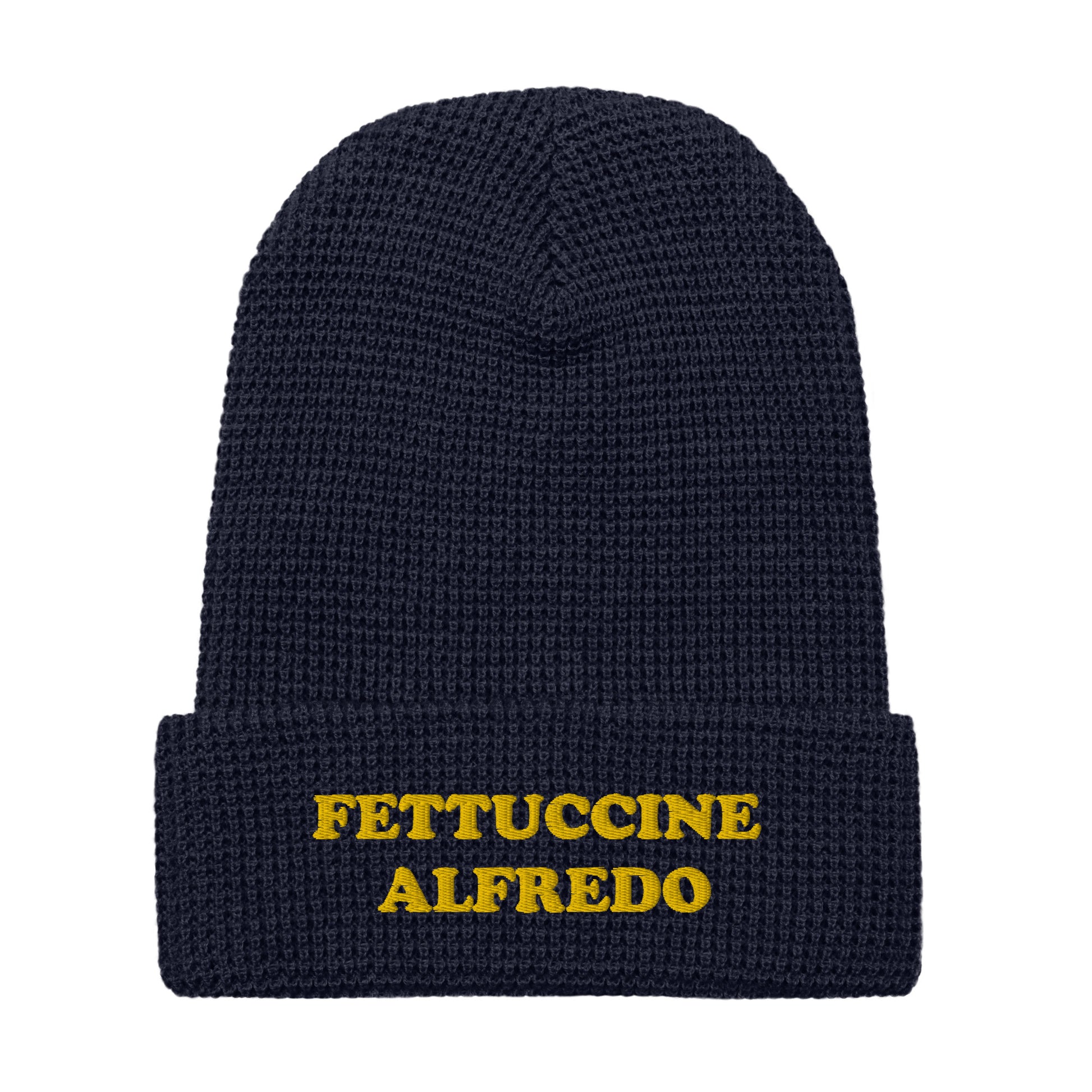 Navy Fettuccine Alfredo Beanie from Nina's Funky Shop by ninanush - Love Fettuccine Alfredo? Looking for a gift for your favorite pasta enthusiast? Introducing our warm and comfortable, Fettuccine Alfredo Beanie. It comes in a variety of colors with "Fettuccine Alfredo", expertly embroidered on the front. The perfect funny hat for pasta lovers, fettuccine Alfredo enthusiasts.