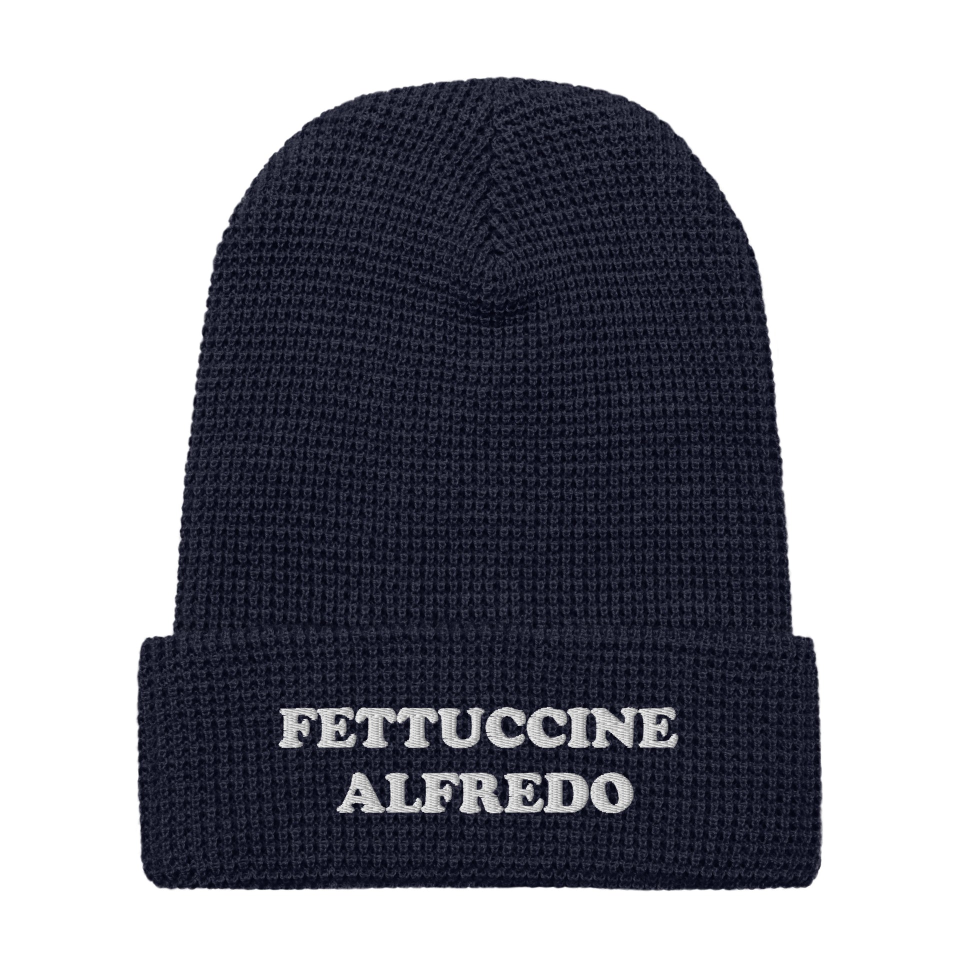 Navy Fettuccine Alfredo Beanie from Nina's Funky Shop by ninanush - Love Fettuccine Alfredo? Looking for a gift for your favorite pasta enthusiast? Introducing our warm and comfortable, Fettuccine Alfredo Beanie. It comes in a variety of colors with "Fettuccine Alfredo", expertly embroidered on the front. The perfect funny hat for pasta lovers, fettuccine Alfredo enthusiasts and foodies of all kinds.