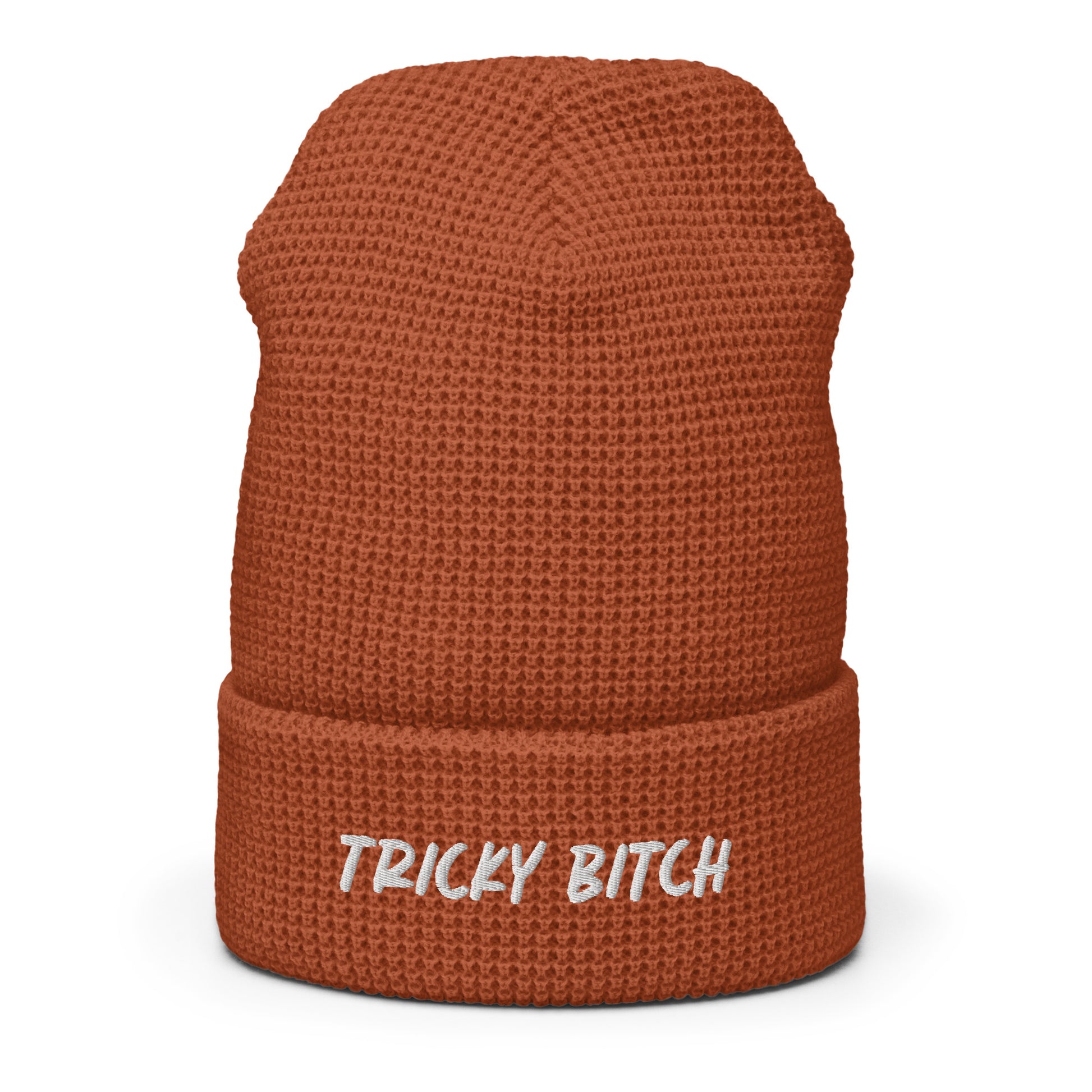 Funny Orange Beanie - Our Tricky Bitch Beanie is warm, comfortable and made just for you. It's a snug, formfitting waffle beanie with a unique honeycomb-like weave and an adjustable cuff. It comes in a variety of colors with "tricky bitch", expertly embroidered on the front. 
