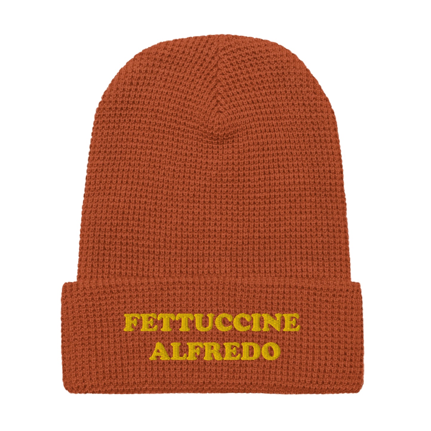 Orange and yellow embroidery Fettuccine Alfredo Beanie from Nina's Funky Shop by ninanush - Love Fettuccine Alfredo? Looking for a gift for your favorite pasta enthusiast? Introducing our warm and comfortable, Fettuccine Alfredo Beanie. It comes in a variety of colors with "Fettuccine Alfredo", expertly embroidered on the front. The perfect funny hat for pasta lovers, fettuccine Alfredo enthusiasts.