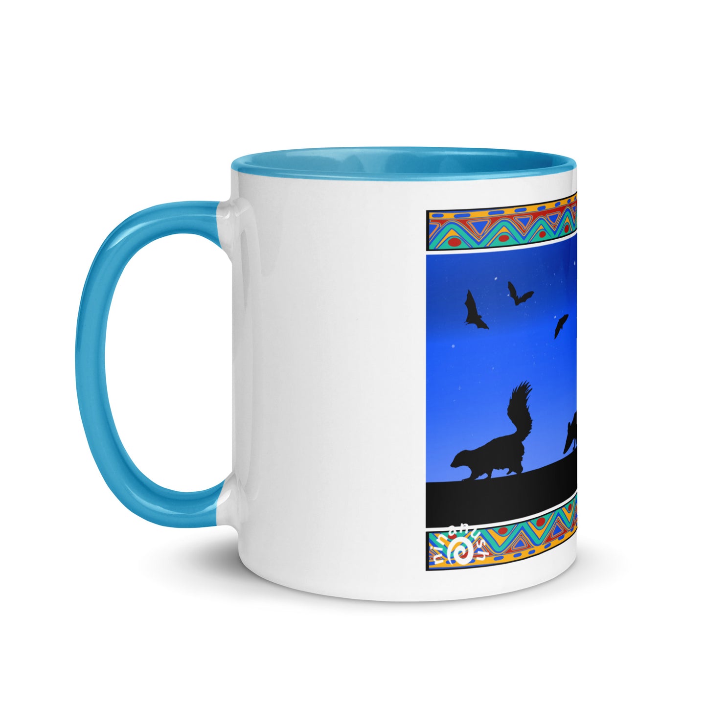 Blue Trash Cats Mug from Nina's Funky Shop by ninanush - Add a little personality to your mug collection with this trash cats mug with a unique design of a raccoon, opossum and skunk taking a moonlit walk. This funky ceramic mug comes in a variety of colors, the design is hand drawn by Nina and made just for you. This quirky mug is sure to brighten up your morning coffee.