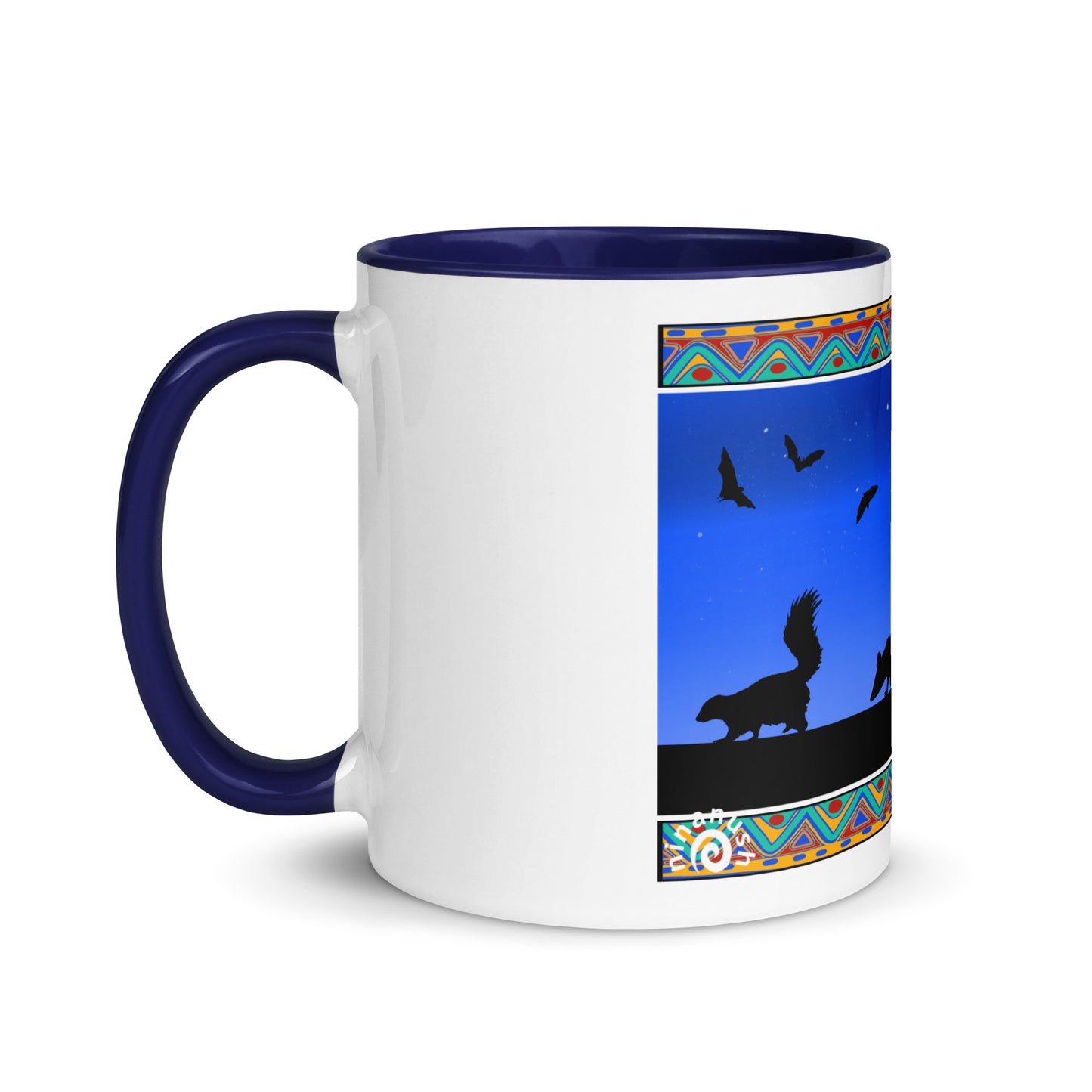 Navy Trash Cats Mug from Nina's Funky Shop by ninanush - Add a little personality to your mug collection with this trash cats mug with a unique design of a raccoon, opossum and skunk taking a moonlit walk. This funky ceramic mug comes in a variety of colors, the design is hand drawn by Nina and made just for you. This quirky mug is sure to brighten up your morning coffee.