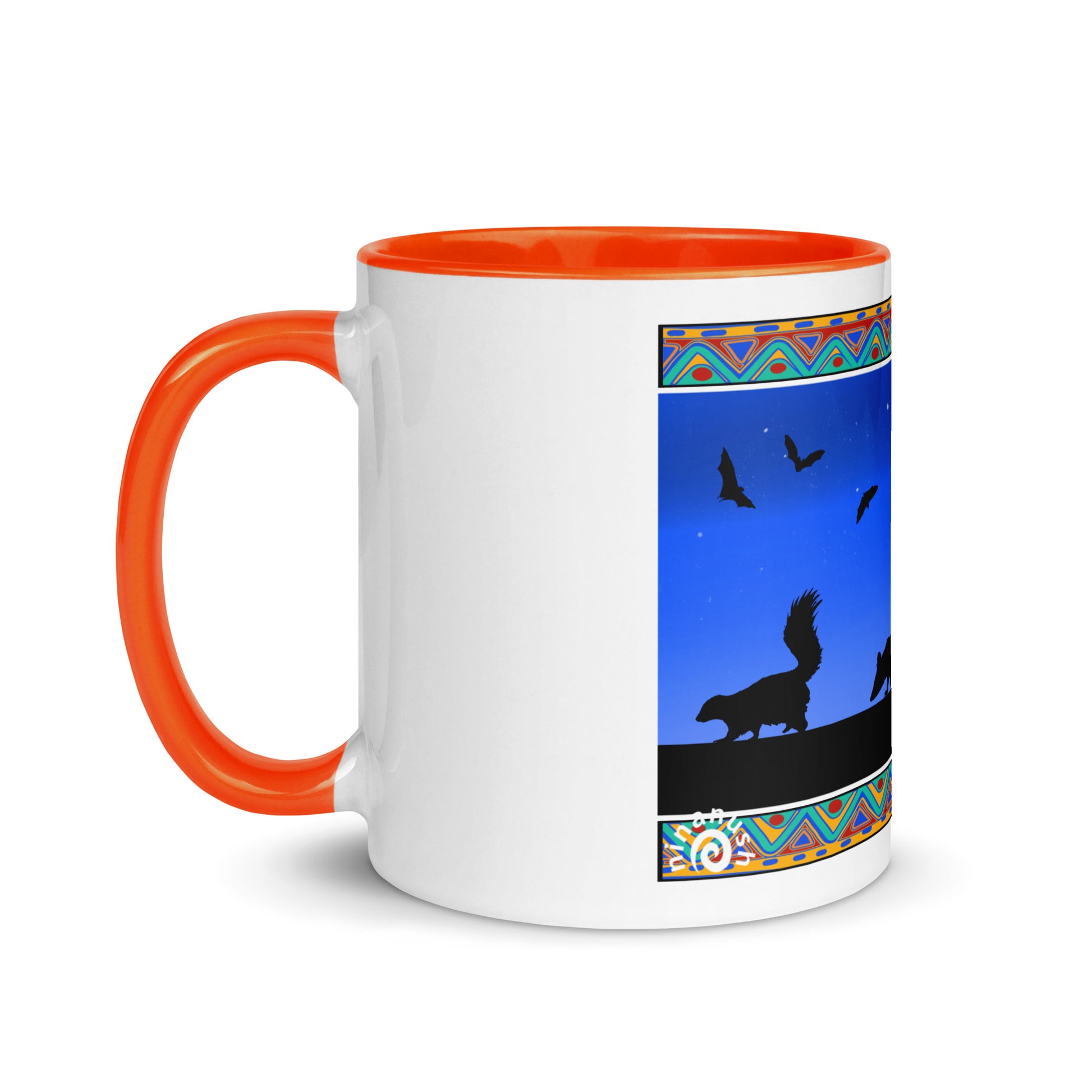 Orange  Trash Cats Mug from Nina's Funky Shop by ninanush - Add a little personality to your mug collection with this trash cats mug with a unique design of a raccoon, opossum and skunk taking a moonlit walk. This funky ceramic mug comes in a variety of colors, the design is hand drawn by Nina and made just for you. This quirky mug is sure to brighten up your morning coffee.