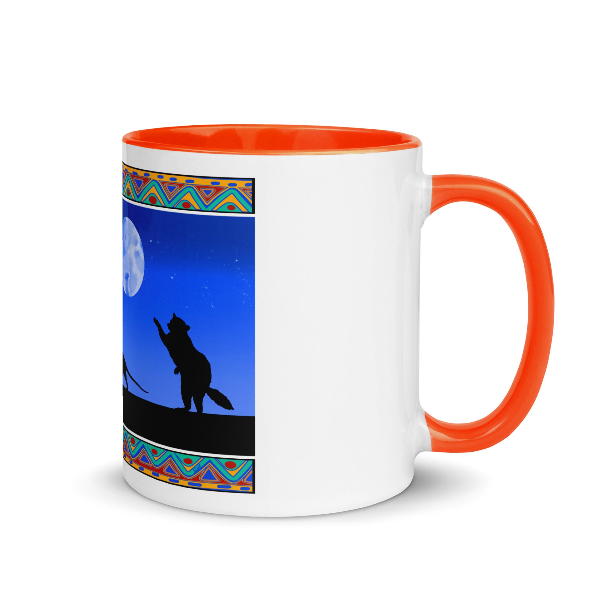 Orange  Trash Cats Mug from Nina's Funky Shop by ninanush - Add a little personality to your mug collection with this trash cats mug with a unique design of a raccoon, opossum and skunk taking a moonlit walk. This funky ceramic mug comes in a variety of colors, the design is hand drawn by Nina and made just for you. This quirky mug is sure to brighten up your morning coffee.