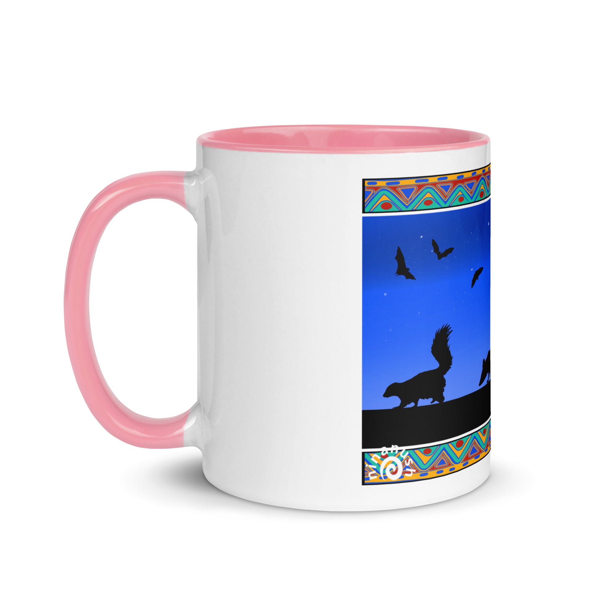 Pink Trash Cats Mug from Nina's Funky Shop by ninanush - Add a little personality to your mug collection with this trash cats mug with a unique design of a raccoon, opossum and skunk taking a moonlit walk. This funky ceramic mug comes in a variety of colors, the design is hand drawn by Nina and made just for you. This quirky mug is sure to brighten up your morning coffee.