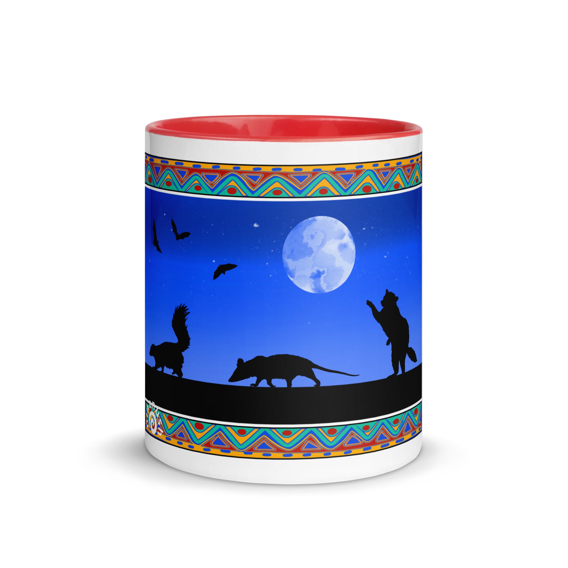 Red Trash Cats Mug from Nina's Funky Shop by ninanush - Add a little personality to your mug collection with this trash cats mug with a unique design of a raccoon, opossum and skunk taking a moonlit walk. This funky ceramic mug comes in a variety of colors, the design is hand drawn by Nina and made just for you. This quirky mug is sure to brighten up your morning coffee.