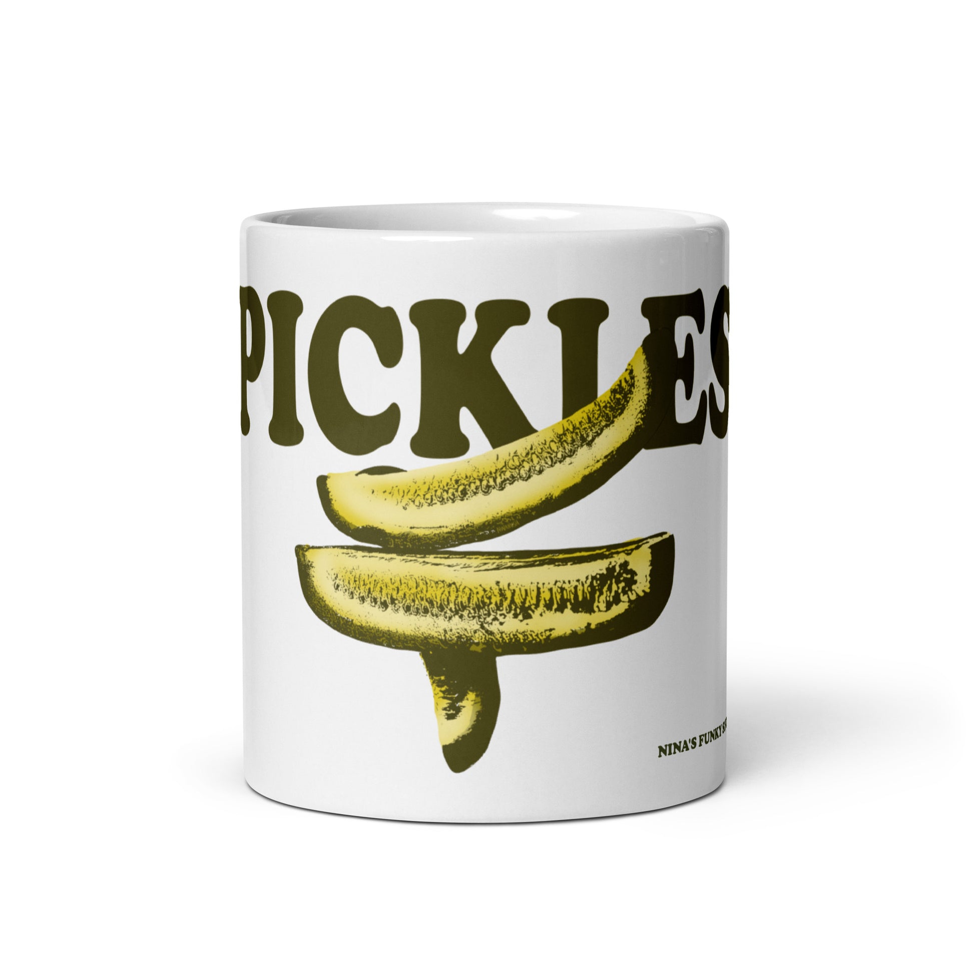 Pickle Spear Mug - Love pickles? Looking for a unique gift for a pickle lover? This glossy ceramic pickles mug is just what you need with it's hand drawn pickle spears design by Nina. It's the ultimate mug for pickle enthusiasts. Celebrate your favorite foods with our funky foodie finds. Designed by Nina and made just for you! 