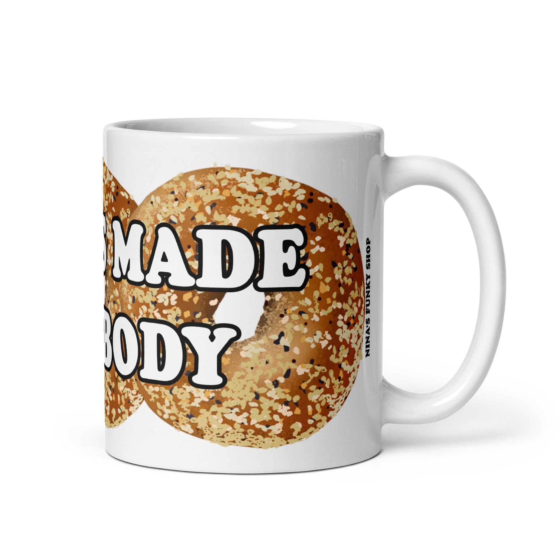 Everything Bagel Mug - Our Bagels Made This Body Mug has a unique everything bagel design and saying. The perfect funny bagel mug for foodies of all kinds.