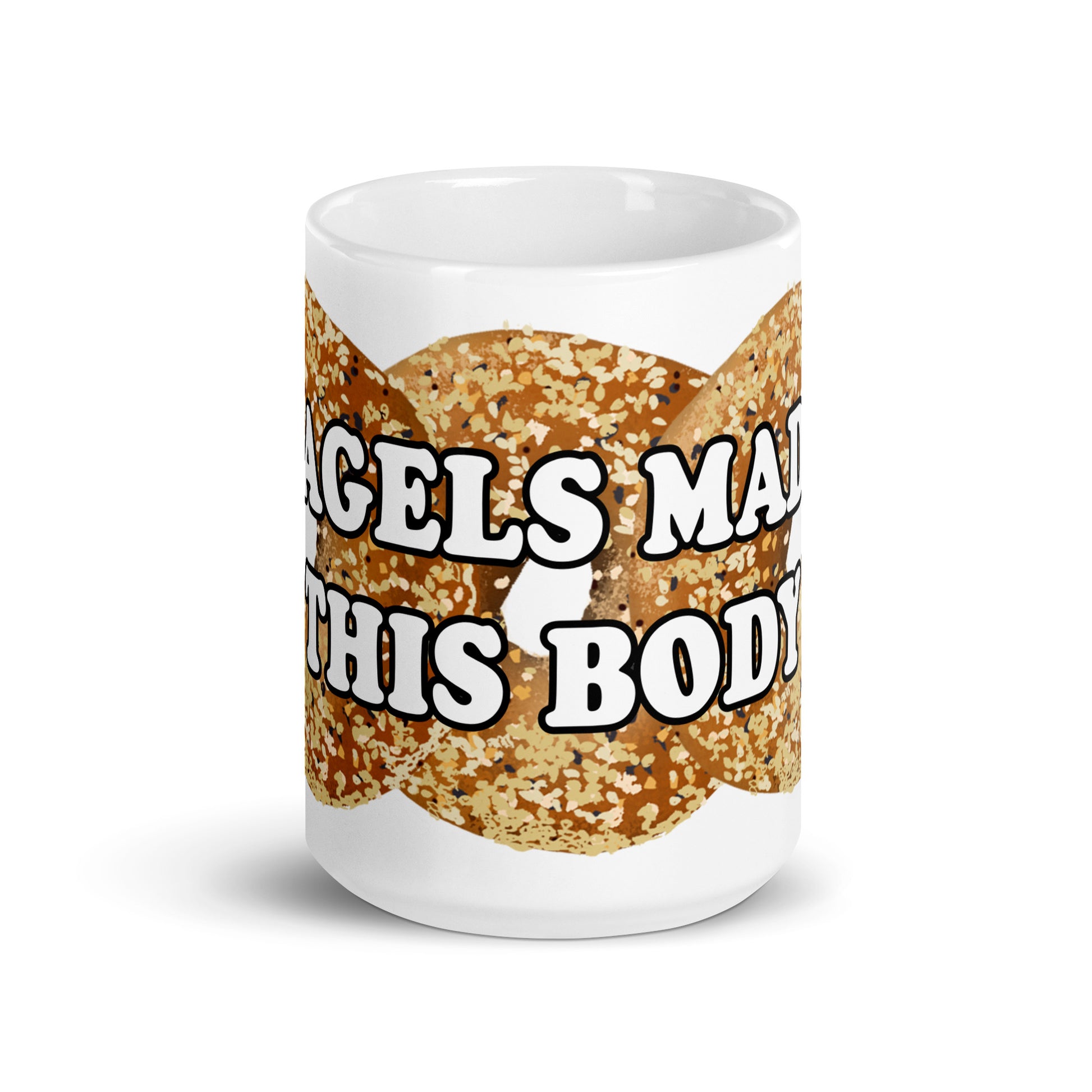 Everything Bagel Mug - Our Bagels Made This Body Mug has a unique everything bagel design and saying. The perfect funny bagel mug for foodies of all kinds.