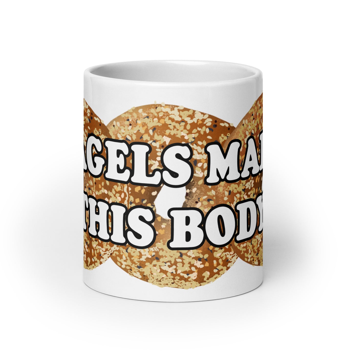 Everything Bagel Mug - Our Bagels Made This Body Mug has a unique everything bagel design and saying. The perfect funny bagel mug for foodies of all kinds.