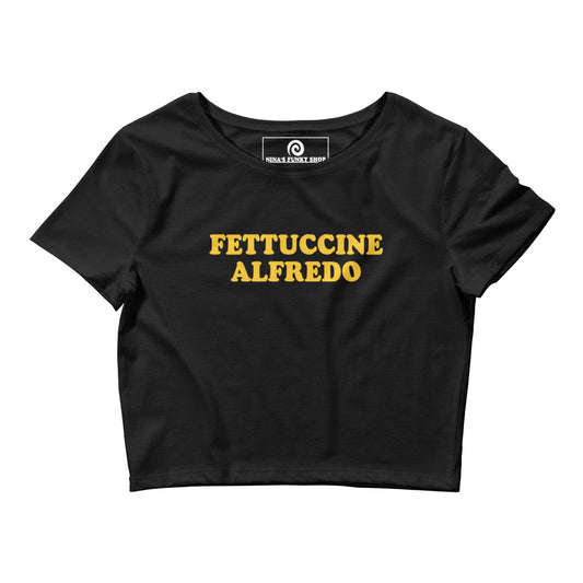 Black Fettuccine Alfredo Crop T-shirt - Our Fettuccine Alfredo Crop Tee is comfortable and perfect for everyday streetwear. It's a tight-fitting crop top with "Fettuccine Alfredo", expertly printed on the front. Make a statement and eat your favorite fettuccine in this funny food t-shirt for Fettuccine Alfredo enthusiasts and pasta lovers of all kinds.