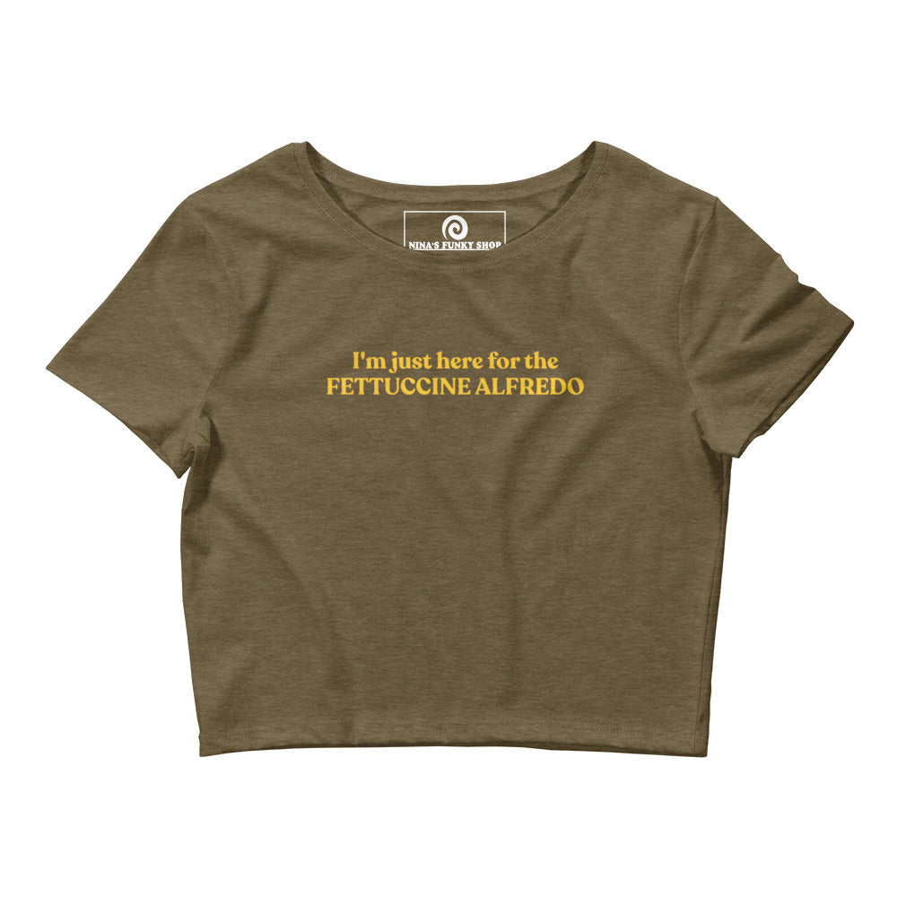 Green I'm just here for the fettuccine Alfredo Crop Top - Love Fettuccine Alfredo? Looking for a funny gift for a pasta enthusiast? Our "I'm just here for the Fettuccine Alfredo" Shirt is just what you need! It's a tight-fitting crop top with a funny saying, expertly printed on the front. Wear this funny foodie t-shirt as everyday streetwear.