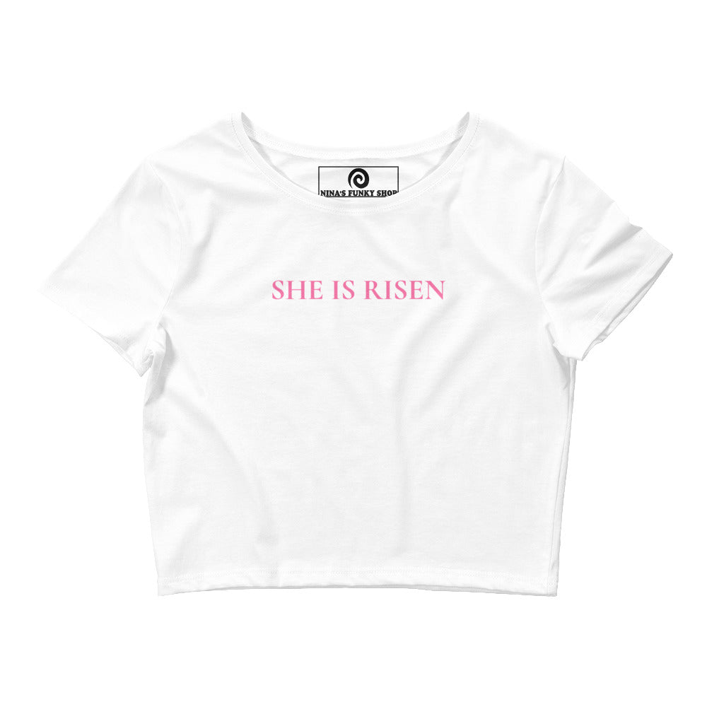 White She Is Risen T-shirt - She is risen! Our She Is Risen Crop Top is tight-fitting with a simple text design, expertly printed on the front. It's a classic crop tee that's perfect for everyday streetwear. Make a statement in this funny feminist crop top!