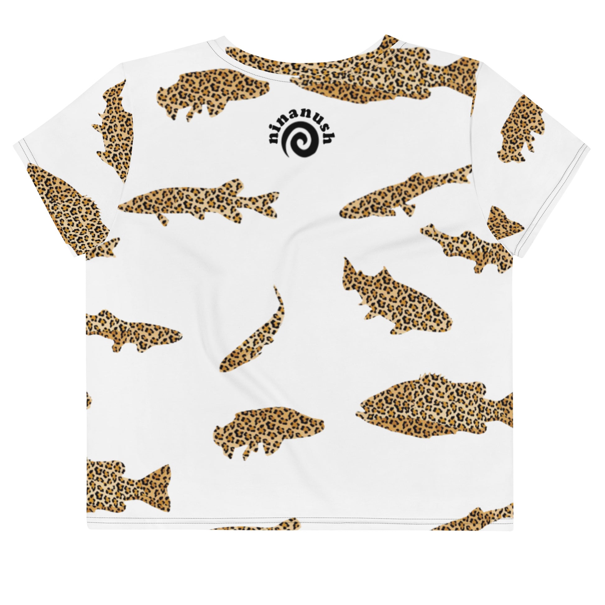 Funky leopard fish shirt for the animal print and fish lovers out there. We have bass, pickerel and trout in this wild leopard print shirt design. Let your wild funky self shine. Stand out and stay funky! Looking for you next wardrobe favorite? Well, look no further because this crop tee is printed and sewn to fit you just right. The original all-over design is funky, cute and totally unique.