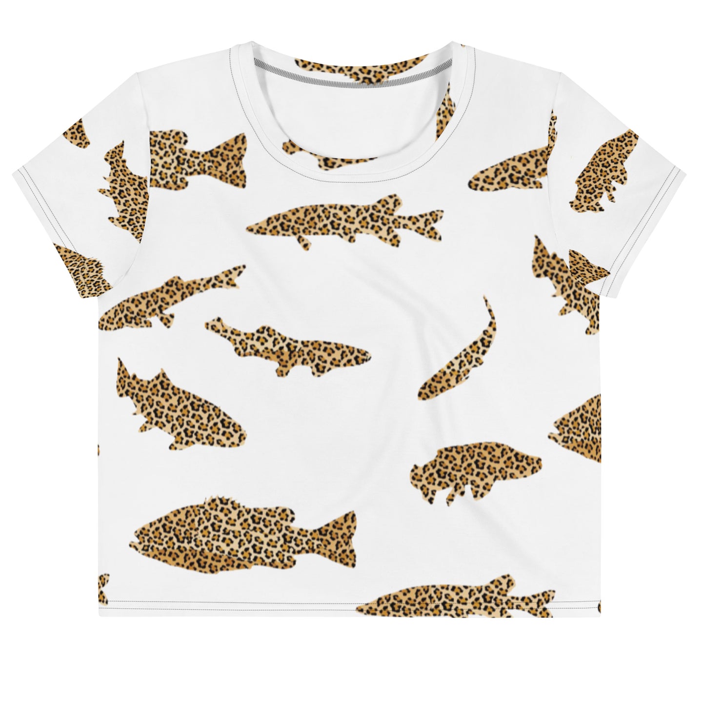 Funky leopard fish shirt for the animal print and fish lovers out there. We have bass, pickerel and trout in this wild leopard print shirt design. Let your wild funky self shine. Stand out and stay funky! Looking for you next wardrobe favorite? Well, look no further because this crop tee is printed and sewn to fit you just right. The original all-over design is funky, cute and totally unique.