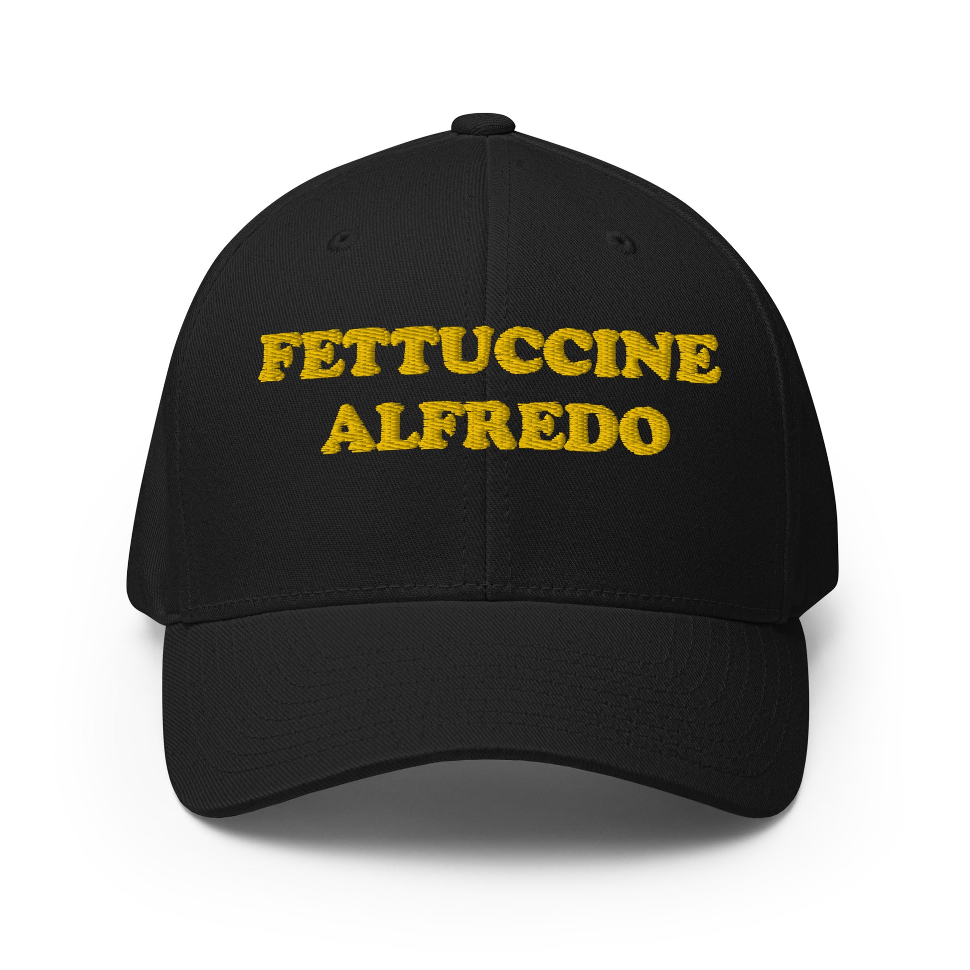 Black baseball hat with funny foodie design - Fettuccine alfredo black hat - Eat fettuccine Alfredo in style with this funny foodie hat. It's a comfortable, unique foodie hat, perfect for Alfredo lovers! It has a classic baseball cap style with a curved visor and yellow embroidery made just for you. Wear this weird hat as everyday streetwear or give it as a funny gift for foodie friends.