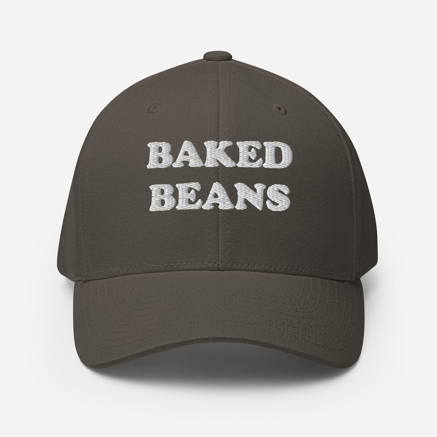 Funny gray foodie hat with baked beans white embroidery - This funny baked beans hat is a unisex embroidered hat that's unique and a perfect weird hat for baked bean lovers! The baked beans hat has a classic baseball cap style and is made just for you. Wear it as everyday funny foodie street wear or give it as a gift for foodies or your favorite baked bean enthusiast. 