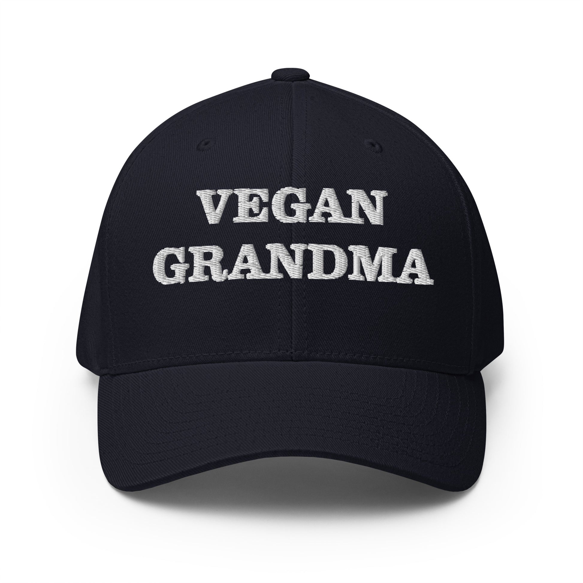 Navy blue funny vegan hat - This funny vegan grandma hat is available in two sizes, many colors and has an elastic stretch band. It's comfortable, unique and a perfect weird hat for vegans! The vegan grandma hat has a classic baseball cap style and is made just for you. Wear it as everyday vegan street wear or give it to your favorite vegan foodie.