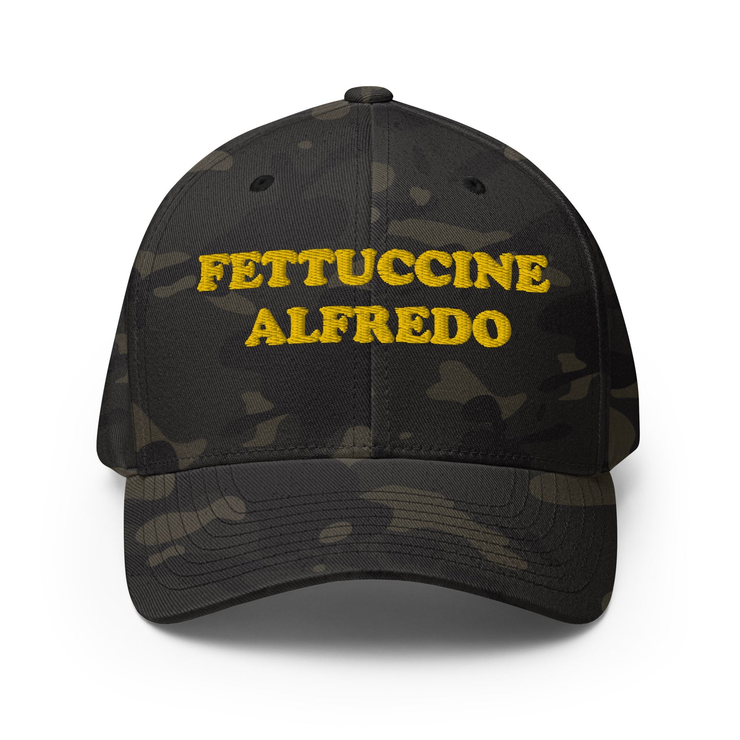 Camo baseball hat with funny design - Fettuccine Alfredo camo hat - Eat fettuccine Alfredo in style with this funny foodie hat. It's a comfortable, unique foodie hat, perfect for Alfredo lovers! It has a classic baseball cap style with a curved visor and yellow embroidery made just for you. Wear this weird hat as everyday streetwear or give it as a funny gift for foodie friends.