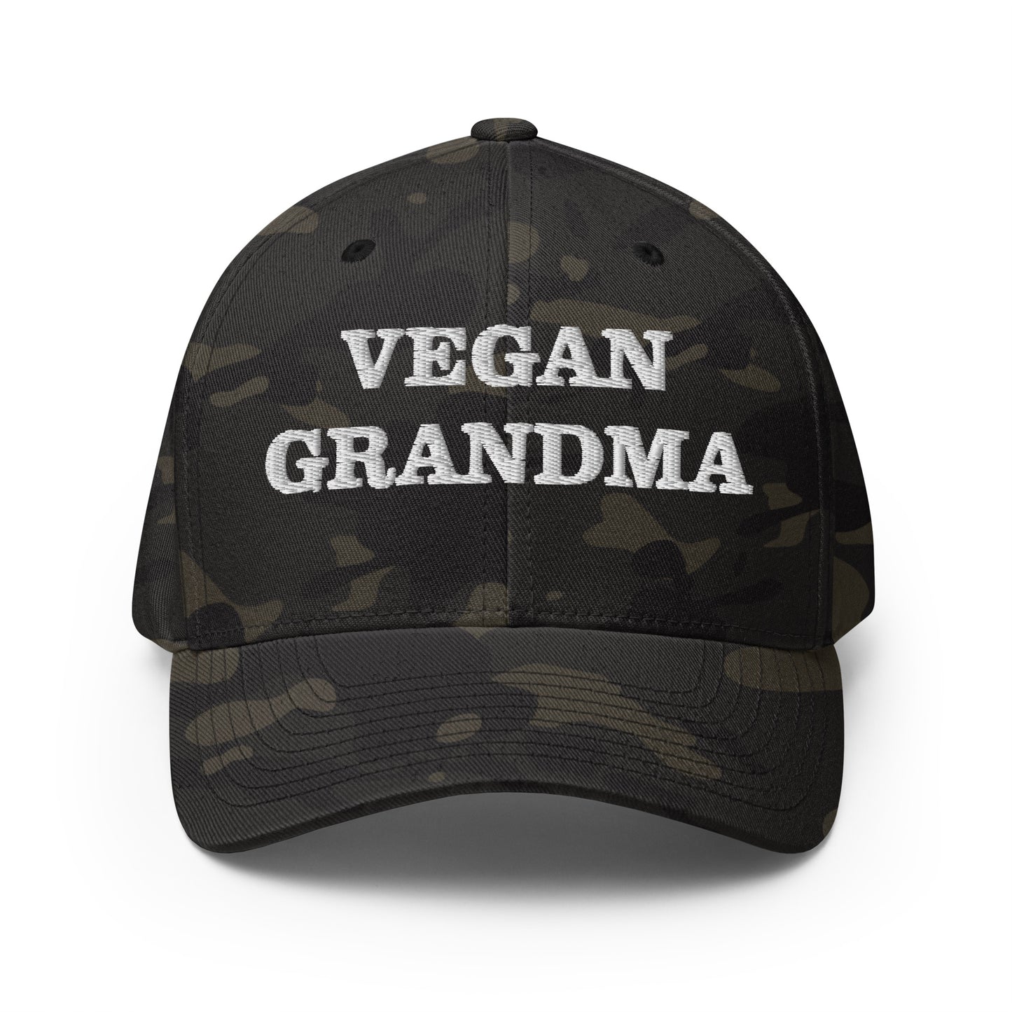 Funny Camo vegan grandma hat for vegan foodies -This funny vegan grandma hat is available in two sizes, many colors and has an elastic stretch band. It's comfortable, unique and a perfect weird hat for vegans! The vegan grandma hat has a classic baseball cap style and is made just for you. Wear it as everyday vegan street wear or give it to your favorite vegan foodie.