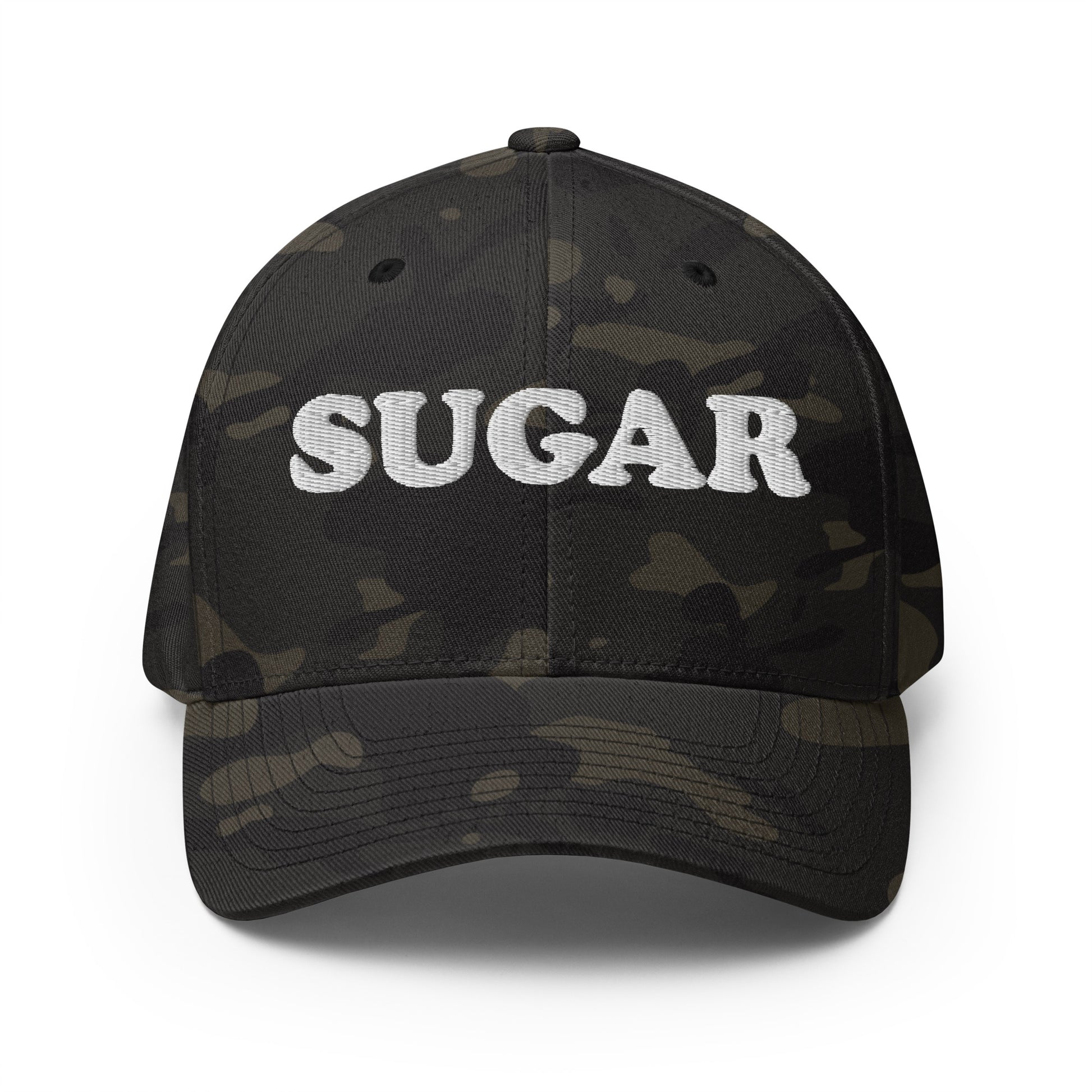 Camo sugar baseball hat - An embroidered comfortable fitted hat for sweet tooth's and sugar addicts. Eat your favorite deserts in style in this funny food hat. It's a unique sugar lover hat that stands out and shows your love of deserts and all things sweet. If you love sugar this hat is for you, or give it as a gift for a sugar enthusiast.