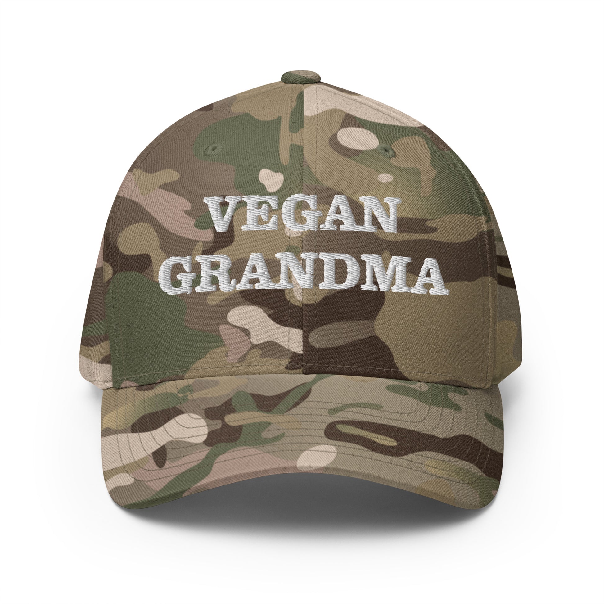 Vegan camo hat - This funny vegan grandma hat is available in two sizes, many colors and has an elastic stretch band. It's comfortable, unique and a perfect weird hat for vegans! The vegan grandma hat has a classic baseball cap style and is made just for you. Wear it as everyday vegan street wear or give it to your favorite vegan foodie.