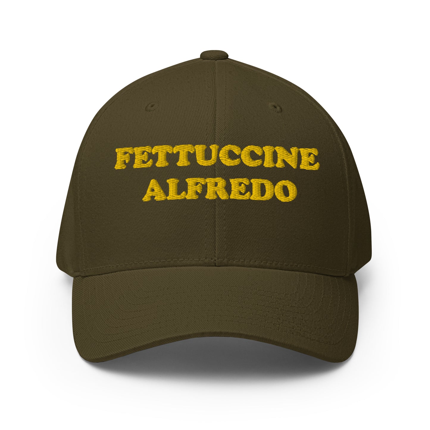 Fettuccine Alfredo green foodie hat - Eat fettuccine Alfredo in style with this funny foodie hat. It's a comfortable, unique foodie hat, perfect for Alfredo lovers! It has a classic baseball cap style with a curved visor and yellow embroidery made just for you. Wear this weird hat as everyday streetwear or give it as a funny gift for foodie friends.