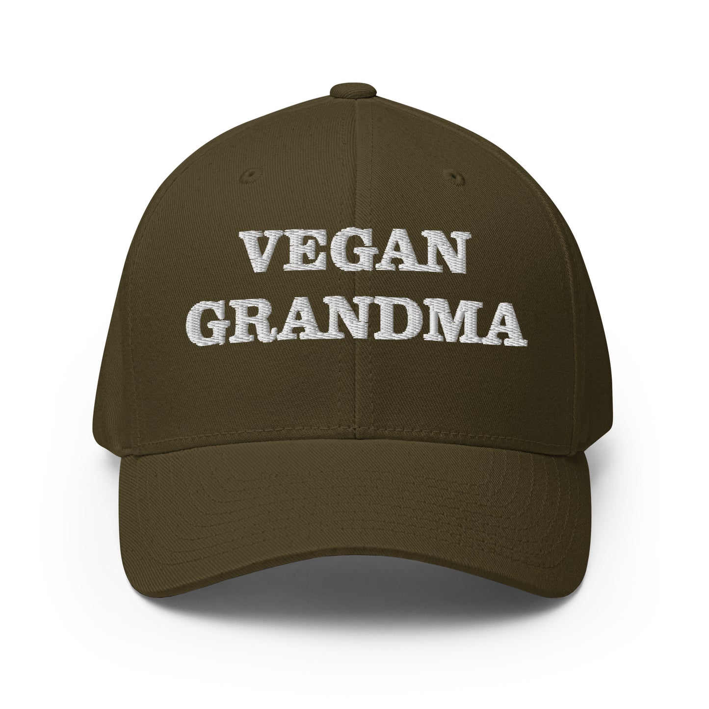 Olive green funny vegan hat - This funny vegan grandma hat is available in two sizes, many colors and has an elastic stretch band. It's comfortable, unique and a perfect weird hat for vegans! The vegan grandma hat has a classic baseball cap style and is made just for you. Wear it as everyday vegan street wear or give it to your favorite vegan foodie.