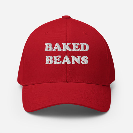 Red and white hat for foodies and baked bean lovers - This funny baked beans hat is a unisex embroidered hat that's unique and a perfect weird hat for baked bean lovers! The baked beans hat has a classic baseball cap style and is made just for you. Wear it as everyday funny foodie street wear or give it as a gift for foodies or your favorite baked bean enthusiast. 