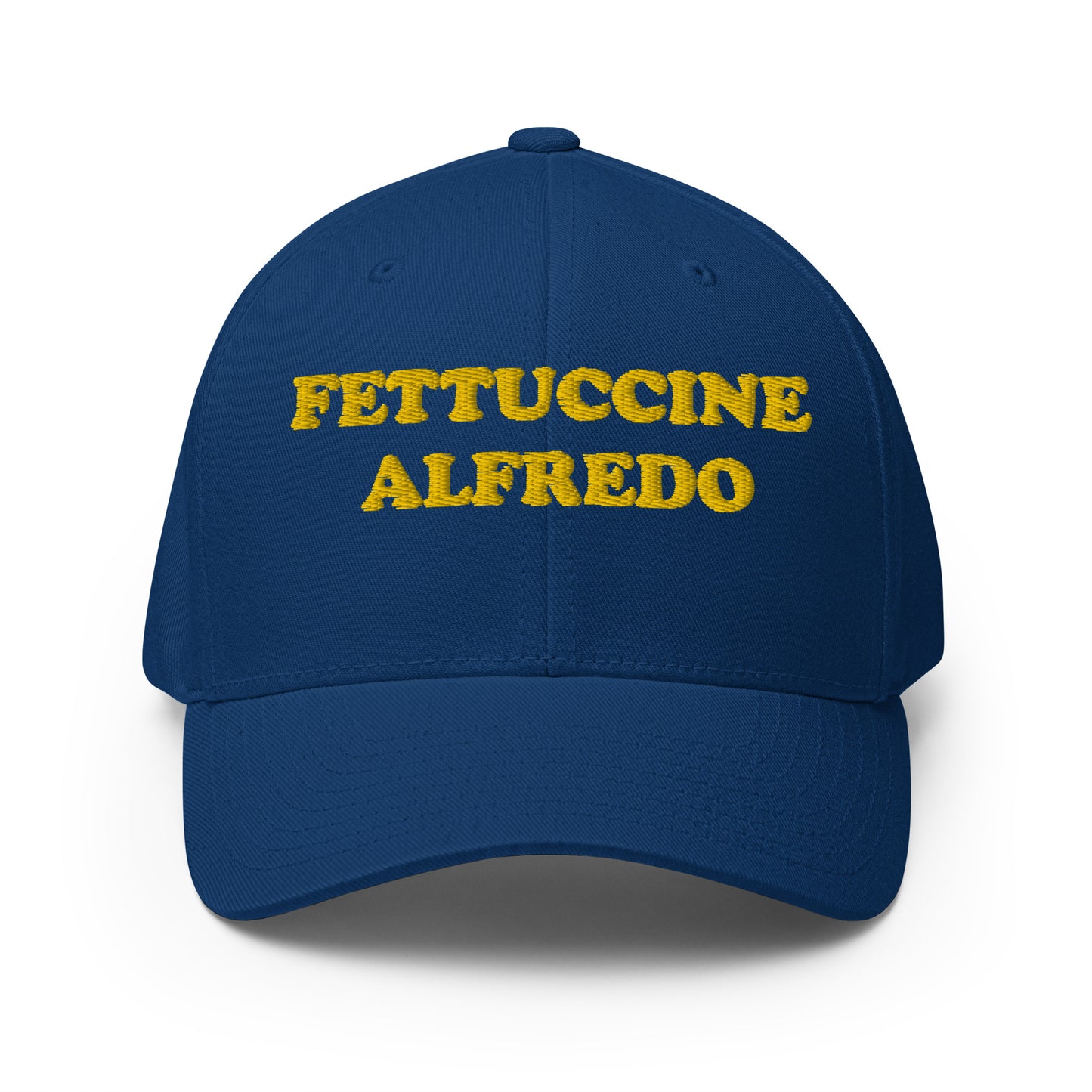 Blue hat with yellow embroidery - Fettuccine Alfredo hat - Eat fettuccine Alfredo in style with this funny foodie hat. It's a comfortable, unique foodie hat, perfect for Alfredo lovers! It has a classic baseball cap style with a curved visor and yellow embroidery made just for you. Wear this weird hat as everyday streetwear or give it as a funny gift for foodie friends. 