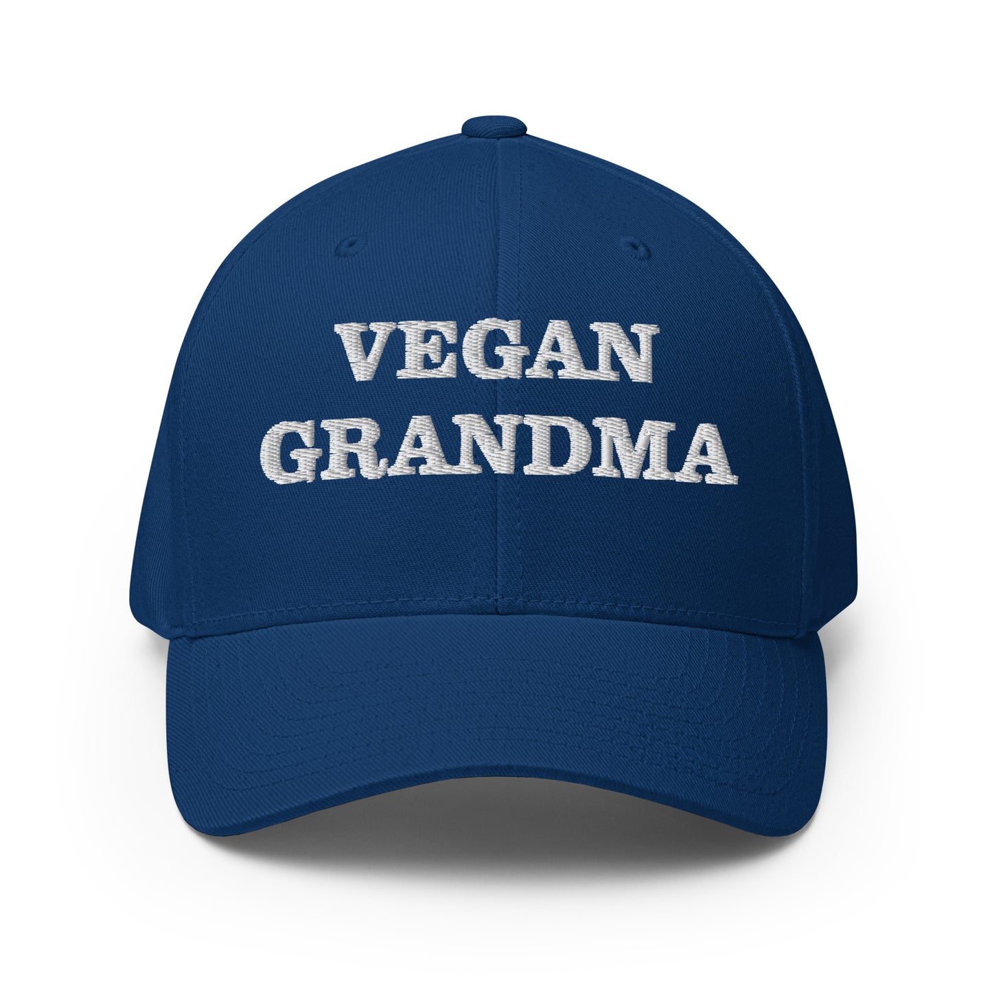 Royal blue funny vegan hat - This funny vegan grandma hat is available in two sizes, many colors and has an elastic stretch band. It's comfortable, unique and a perfect weird hat for vegans! The vegan grandma hat has a classic baseball cap style and is made just for you. Wear it as everyday vegan street wear or give it to your favorite vegan foodie.