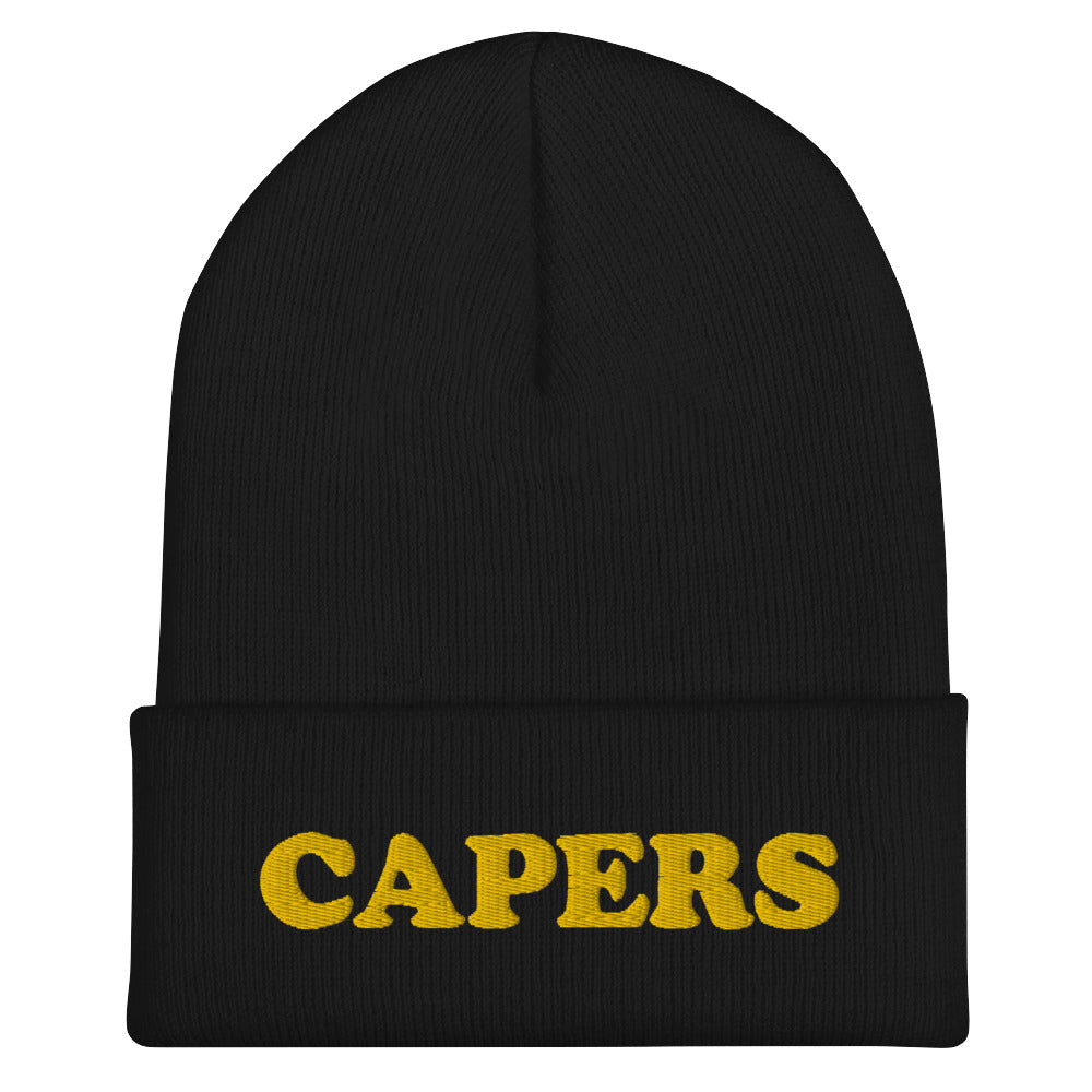 Does anyone actually like capers? Get controversial in this funky capers beanie or give a funny foodie gift. Its a unique and funny food beanie hat that's just a little weird. If you love capers, this weird hat is exactly what you need to spice up your outfit. Eat your capers in style in this funny black and yellow capers beanie.