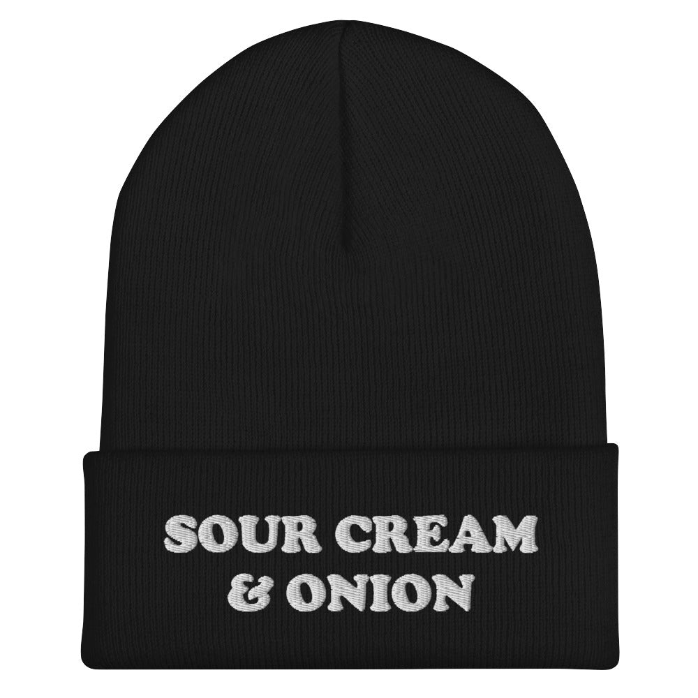 Black and white sour cream and onion beanie hat. This sour cream and onion beanie hat is exactly what every chip lover needs. Eat your favorite chips in this funny food beanie. It's a unique beanie for foodies and a weird gift and for chip lovers and sour cream & onion enthusiasts. Celebrate your favorite chips in our sour cream and onion hat, and foodie clothing.