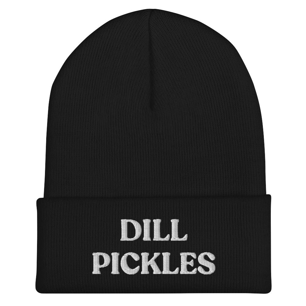 Black and white dill pickles beanie hat. Eat dill pickles and wear a dill pickles beanie hat to match. This dill pickles beanie is funny, unique and just what every pickle lover needs. Celebrate your favorite foods and pickles in our unique food beanies and clothing. Our funky foodie designs make great weird gifts and unique ways to make your outfit funky.