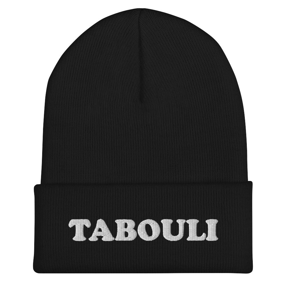 Black tabouli beanie - Eat tabouli in style with this unique tabouli beanie. It's a unique beanie with your favorite Mediterranean salad in white embroidery. Wear what makes you smile! Our foodie clothing includes Middle Eastern, Eastern European, Jewish foods and more. Celebrate your favorite foods in our funky foodie clothing and accessories.