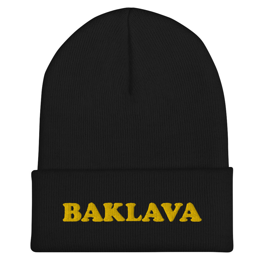 Black baklava beanie - This baklava beanie hat is a classic fitted beanie with an funky yellow embroidery. It's a funny hat for foodies and baklava lovers. If you love weird hats or you're looking for a funny gift for foodies, we have the funky clothing and accessories for you. Stay funky in our unique streetwear and original funky designs. 